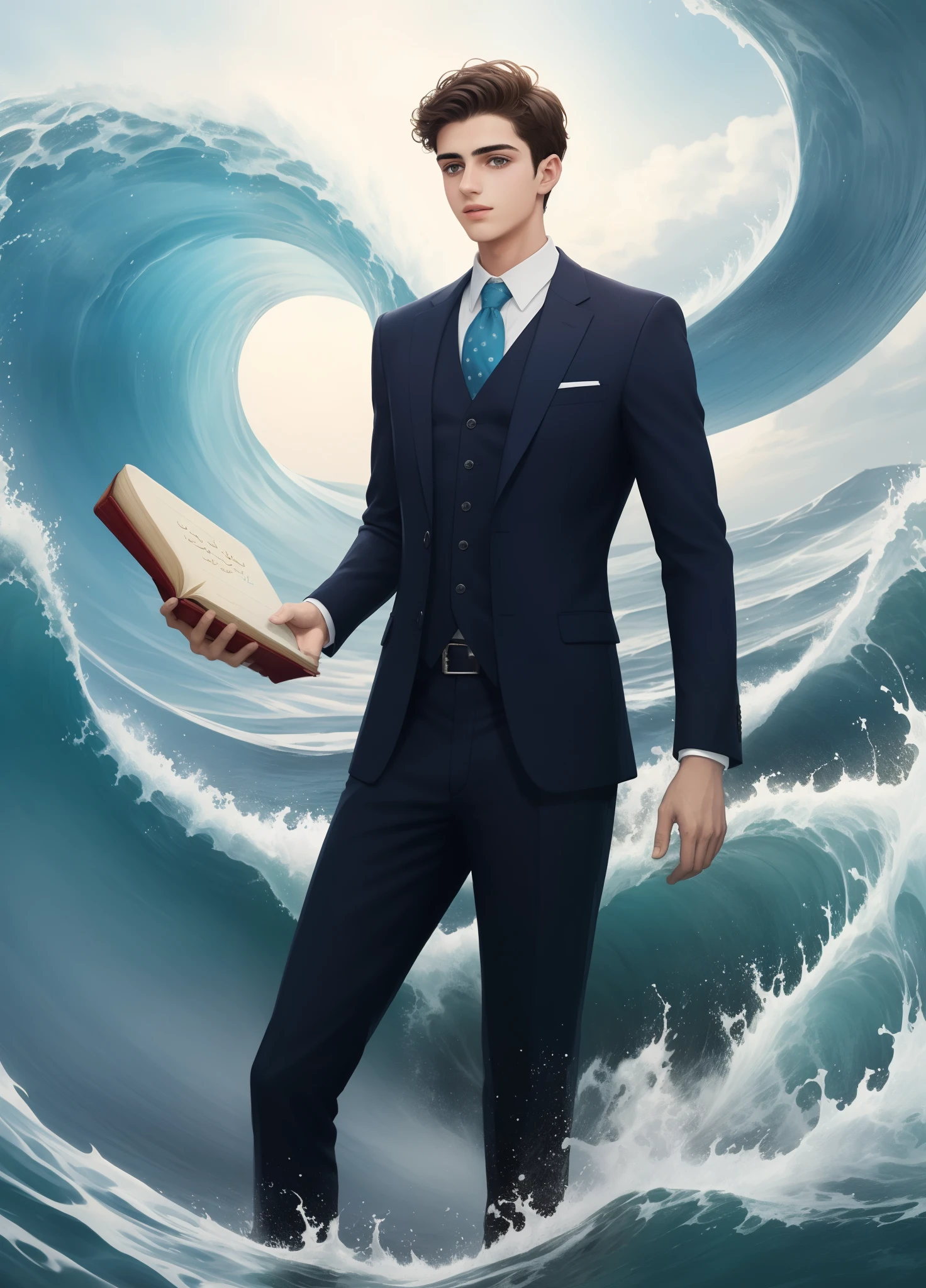 A young man with Arab features and a beautiful body at the age of 18 wearing a suit surrounded by glows full of colors in the form of circles of . A fictional character close to reality, waves, leaves in an old and ancient place, and a flying book