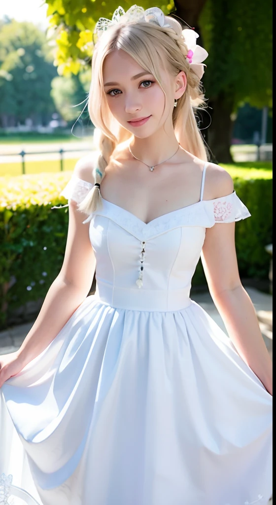 (ultra-detailliert), Cute princess dress in white color,(frilly dress),(shortsleeves),Blue eyes,The upper part of the body、a closeup、faces、(A smile:1.1),(facing front:1.1), 20yr old, teens girl,no tail,(no tail),2D, ​masterpiece, top-quality, A detailed eye, A detailed face, girl with, Only 1 person,Silver-haired medium hair, (a blond),  Ear Hair, small tits, Single braid, (Single braid), (Side braid), Pink ribbon, Ribbon around the neck, (White sleeves), Background bokeh