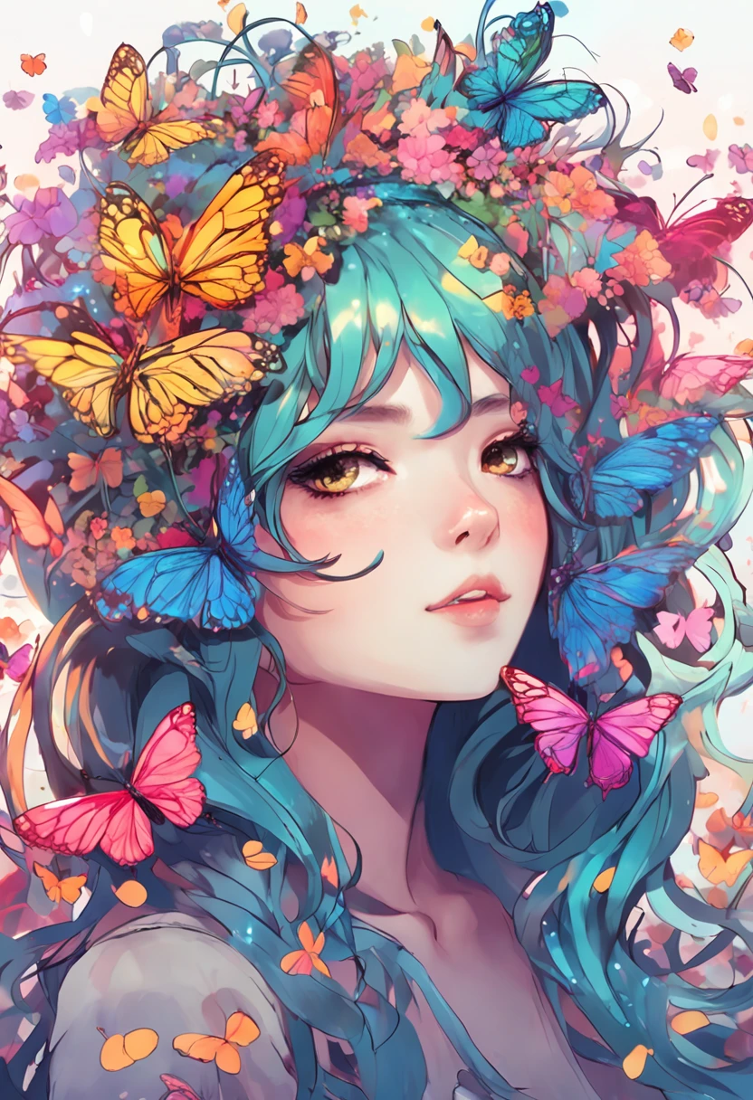 anime girl with colorful hair and butterfly headpiece with butterflies, dreamy psychedelic anime, a beautiful artwork illustration, by Yuumei, decora inspired illustrations, digital art on pixiv, beautiful anime art style, colorful illustration, pixiv style, anime style illustration, anime style artwork, by Ay-O, anime styled digital art, ethereal flowerpunk