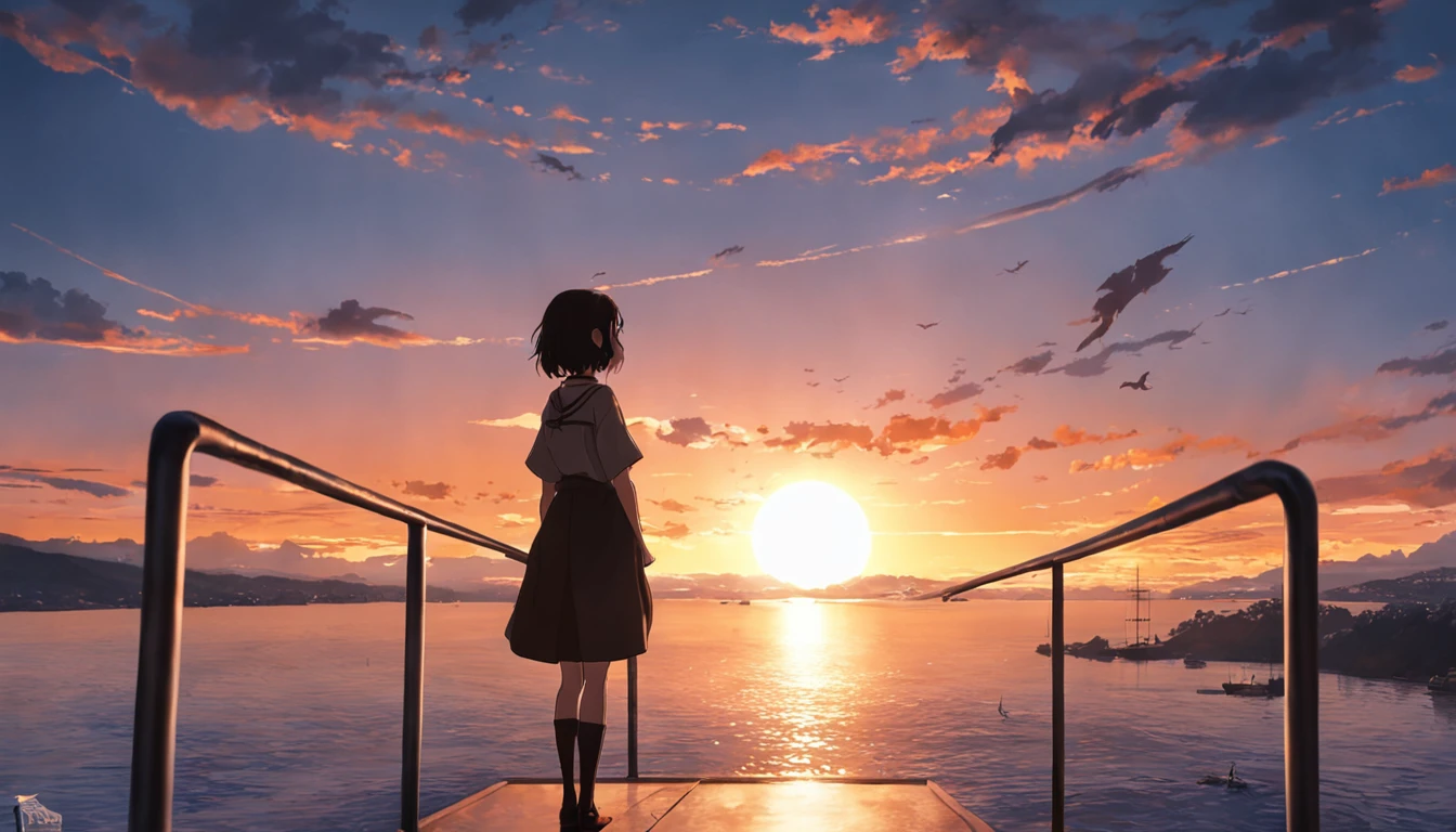 Araffe standing on a railing overlooking a body of water, with sunset, with a sunset, during sunset, at a beautiful sunset, durante a madrugada, looking at sunset, Sunset view, Fotografia tirada em 2 0 2 0, at sunset, night setting, ao nascer do sol, As the sun sets on the horizon, scenic view, com uma mochila