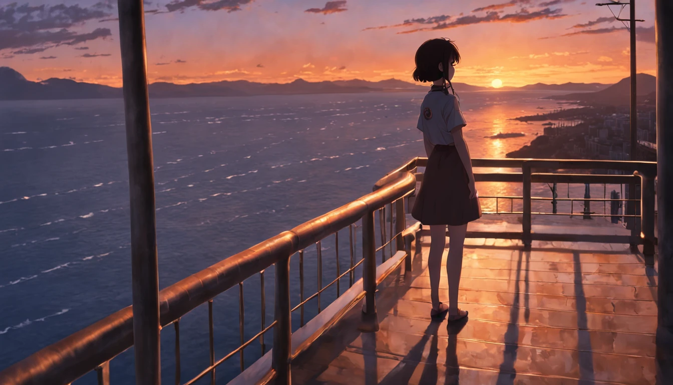 Araffe standing on a railing overlooking a body of water, with sunset, with a sunset, during sunset, at a beautiful sunset, durante a madrugada, looking at sunset, Sunset view, Fotografia tirada em 2 0 2 0, at sunset, night setting, ao nascer do sol, As the sun sets on the horizon, scenic view, com uma mochila