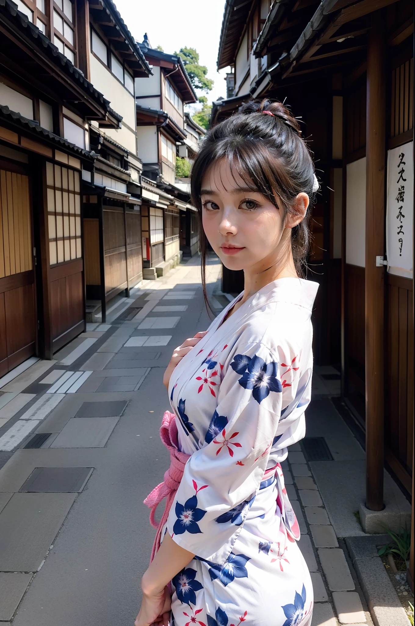 Shiroi Yukata Sugata、full bodyesbian、Streets of Kyoto、like photo、a beauty girl、poneyTail、Embarrassed look、Caucasian characteristics