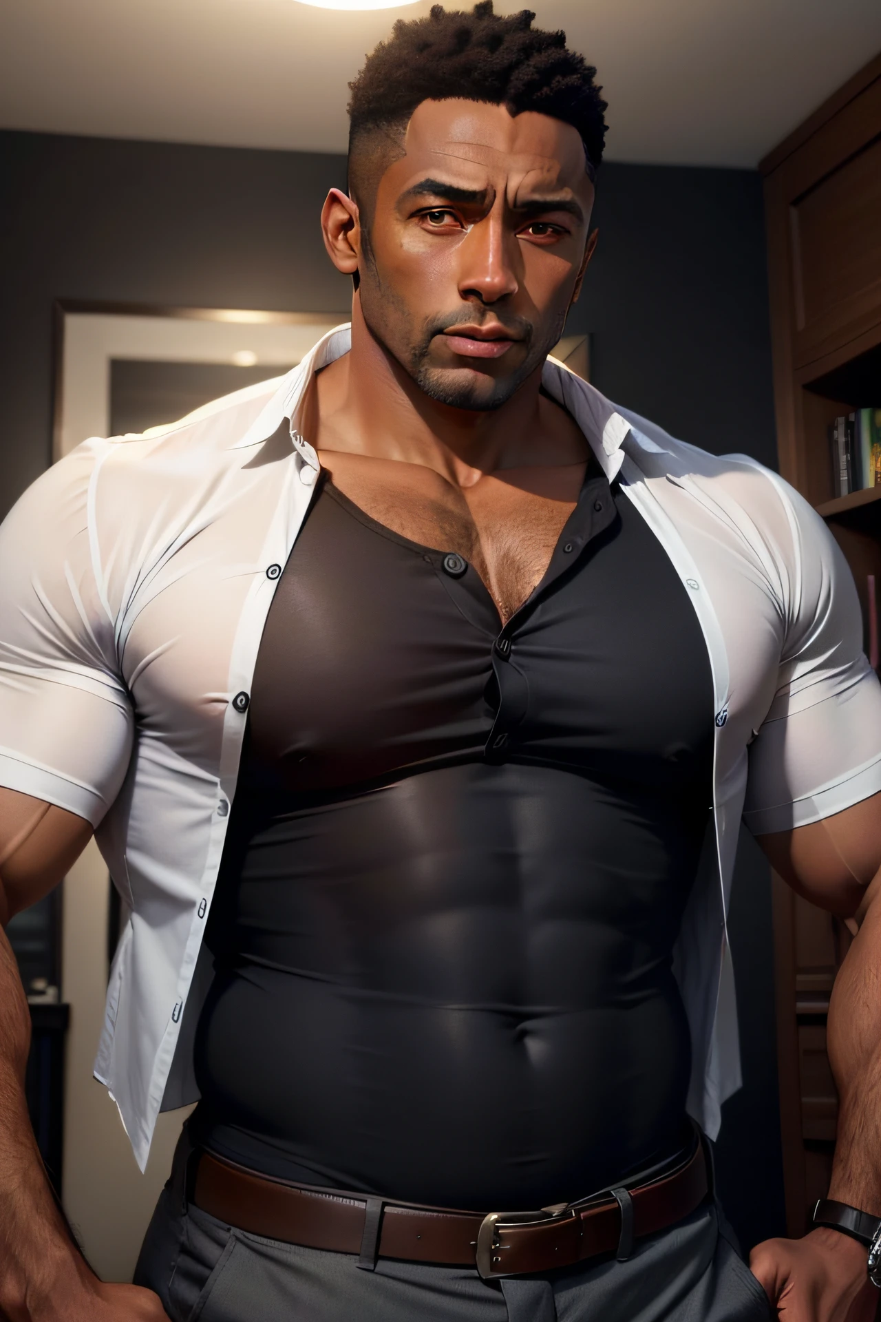 homem de cabelos grisalhos, 40 anos, pele marrom, com uma barriga grande, black button-down shirt.