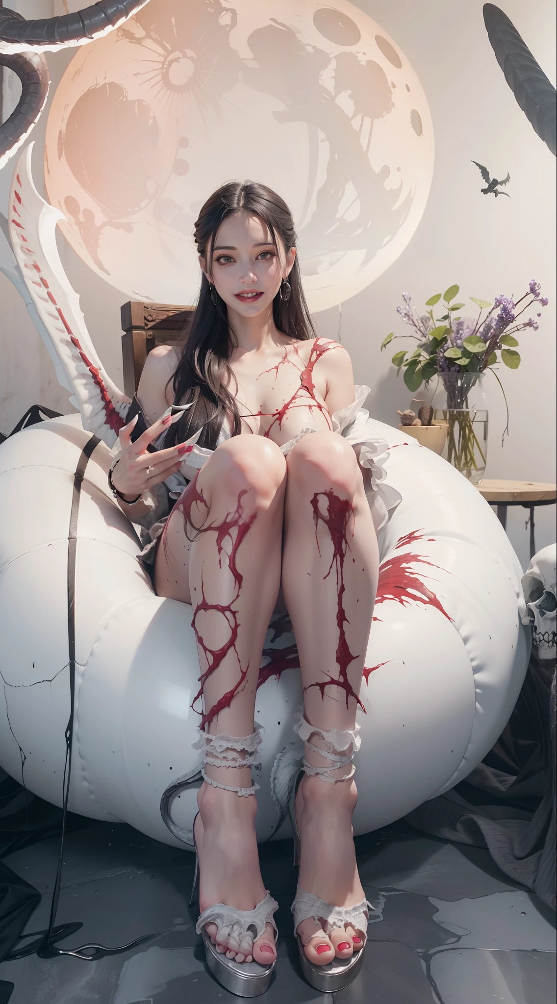 Fine matte paint,Skeleton dark angels, haunted castles with big wings, fill the drawing table with knives,terroral,uncanny,horrid,secret terror,tentaculata,grape trees,The eye,uncanny valley effect teeth,all fours,Critters,Blood Moon,super high image quality,8K,horror smile