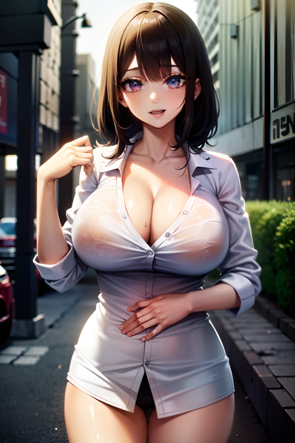 ((Best Quality, 8K, Masterpiece: 1.3)), Sharp: 1.2, Perfect Body Beauty: 1.4, Slim Abs: 1.2, ((Layered Hairstyle, Big Breasts: 1.2)), (Wet White Button Long Shirt: 1.1), (Rain, Street: 1.2), Wet: 1.5, Highly detailed face and skin texture, detailed eyes, d...