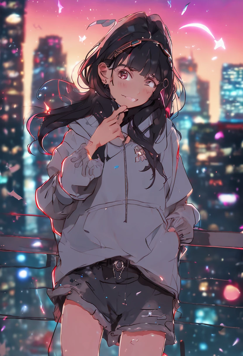 "Image Quality: 8K (Best Quality Scale: 1.2), Artistic Style: Realistic, Photorealistic Factor: 1.37, Clarity: Ultra High Definition, Subject:1girl flying above stunning cityscape ,hoodie,brown hair, neon color shooting stars, very long hair, off shoulder, feather hair ornament, neon colors, flashes, stunning night sky, Girl (16 yearble Features: Pleasant Smile, Closed Mouth, Exquisite Details, Lovely Nose, Composition: Full Body, Damp Hair, Context: Amidst Colossal Dalsefo, huge Angel wings very detailed, Korean idol looks