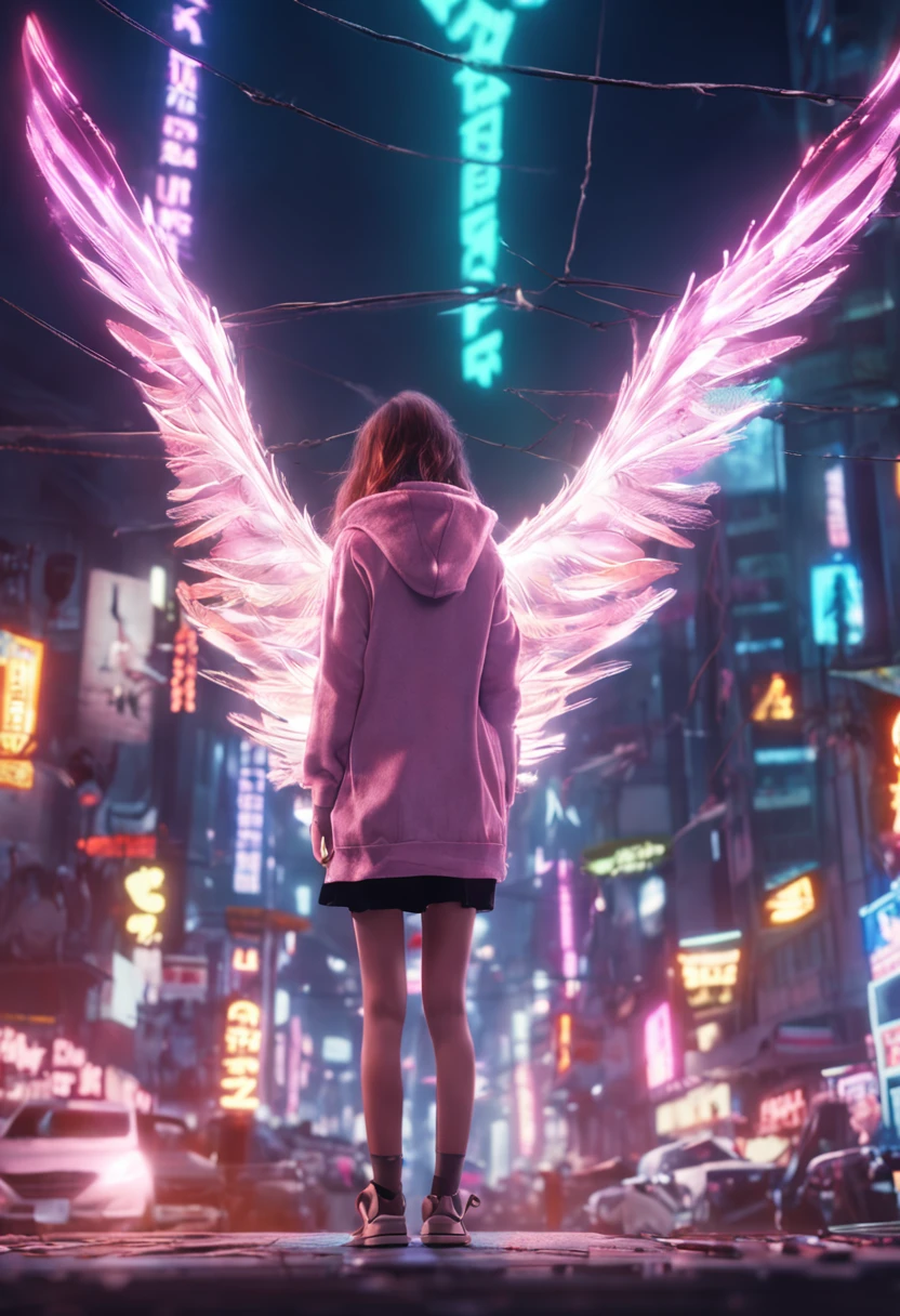 "Image Quality: 8K (Best Quality Scale: 1.2), Artistic Style: Realistic, Photorealistic Factor: 1.37, Clarity: Ultra High Definition, Subject:1girl flying above stunning cityscape ,hoodie,brown hair, neon color shooting stars, very long hair, off shoulder, feather hair ornament, neon colors, flashes, stunning night sky, Teenage Girl (16 years old), Notable Features: Pleasant Smile, Closed Mouth, Exquisite Details, Lovely Nose, Composition: Full Body, Damp Hair, Context: Amidst Colossal Dalsefo, huge Angel wings very detailed, Korean idol looks