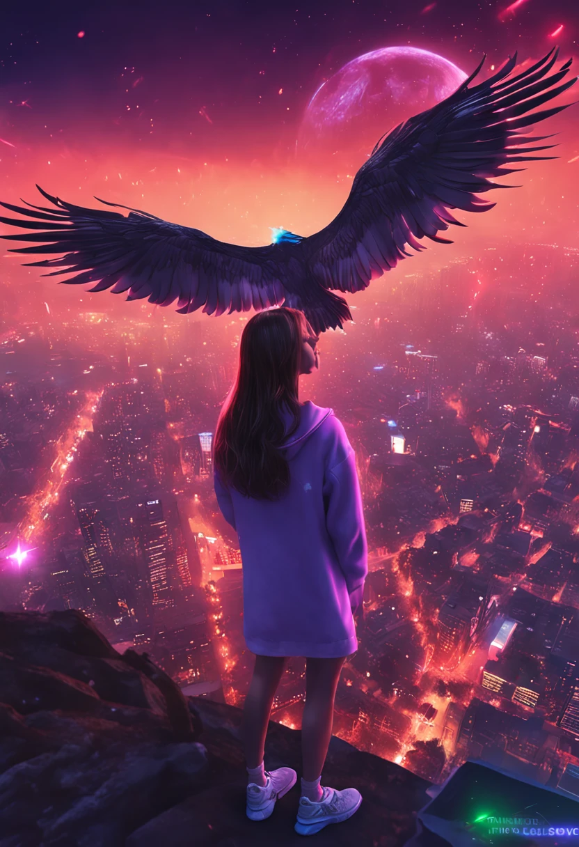 "Image Quality: 8K (Best Quality Scale: 1.2), Artistic Style: Realistic, Photorealistic Factor: 1.37, Clarity: Ultra High Definition, Subject:1girl flying above stunning cityscape ,hoodie,brown hair, neon color shooting stars, very long hair, off shoulder, feather hair ornament, neon colors, flashes, stunning night sky, Teenage Girl (16 years old), Notable Features: Pleasant Smile, Closed Mouth, Exquisite Details, Lovely Nose, Composition: Full Body, Damp Hair, Context: Amidst Colossal Dalsefo, huge Angel wings very detailed, Korean idol looks