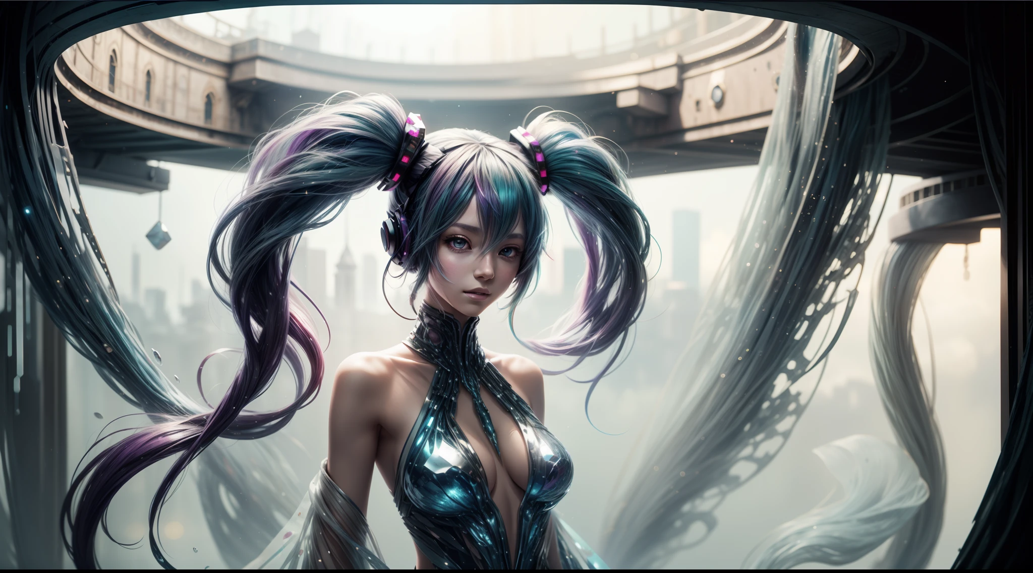 Big breasts Hatsune Miku, beachside, The hair is red and purple, Hair Bow, Colorful eyes are carefully depicted,Anime style, Sparkle, letterboxed, Wide shot, in a panoramic view, hyper HD, 3Drenderingof,Super detail, Award-Awarded, 1080p