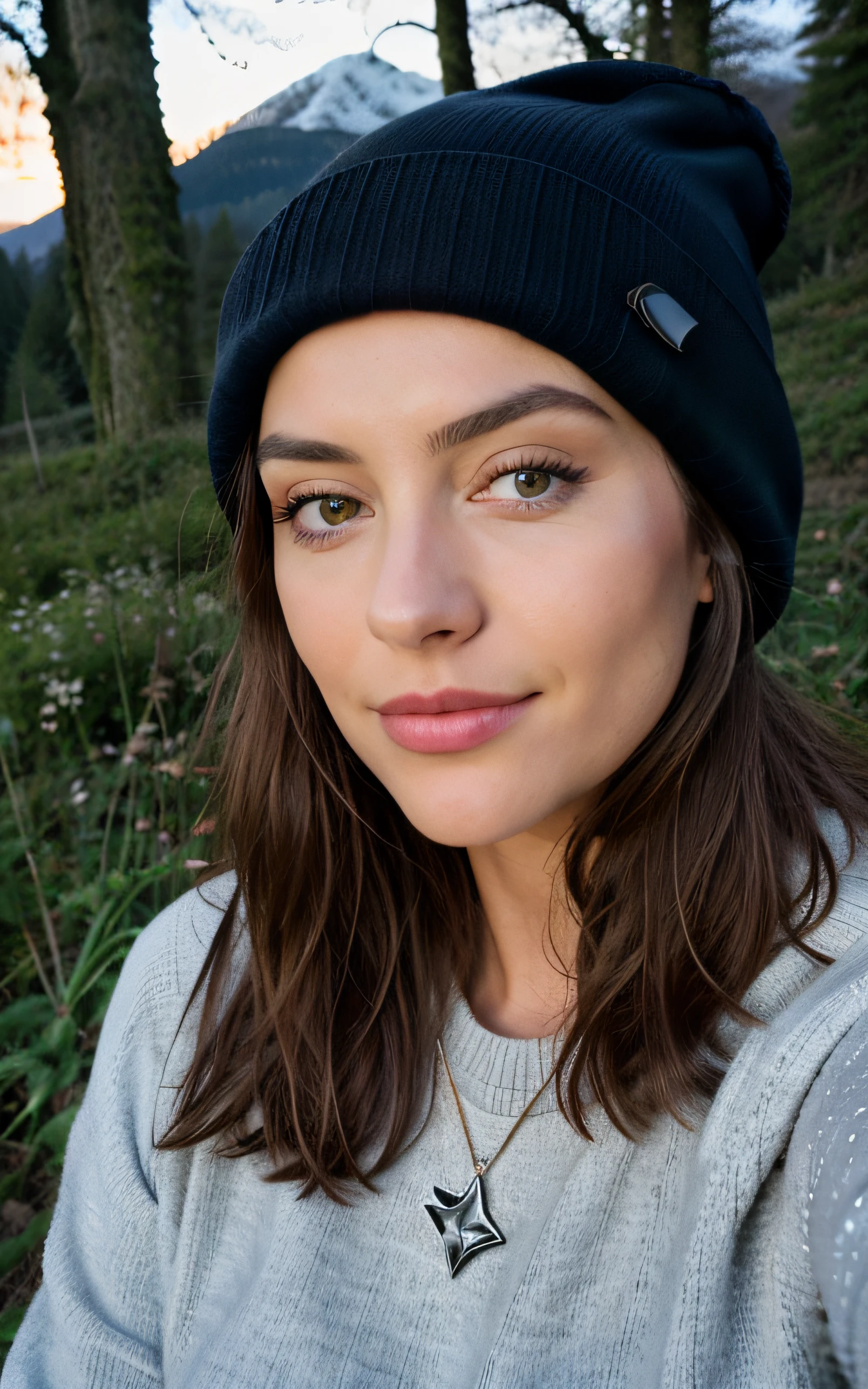 fotorealistisch, best quality, Hyper detailliert, gorgeous woman, Selfie-Foto, upper body, nur, Pullover tragen, al fresco, (Nacht), Gebirge, Natur im wirklichen Leben, Sterne, Mond, (heiter, happy), Schlafsack, Handschuhe, Pullover, Beanie, Taschenlampe, Wald, Felsen, Fluss, Holz, Rauch, Zahn, klarer Himmel, Analoger Stil, Blick auf den Betrachter, Hautstruktur, Filmkorn, close up, ultra-high resolution, Bester Schatten, .RAW, instagram LUT