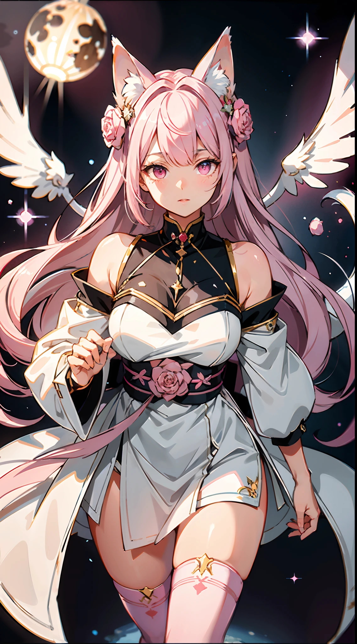 absurd res, hight resolution, (Masterpiece:1.4), Ultra-detailed, 1girl, From directly above, Space, Floating, White+Crozzy kimono dress, pink dress, black stockings, light pink hair, pink eyes, long fluffy cat ears, fluffy cat ears up, long cat fluffy ears, Pink eyes, rose hair, Lysian race, pink fluffy tail