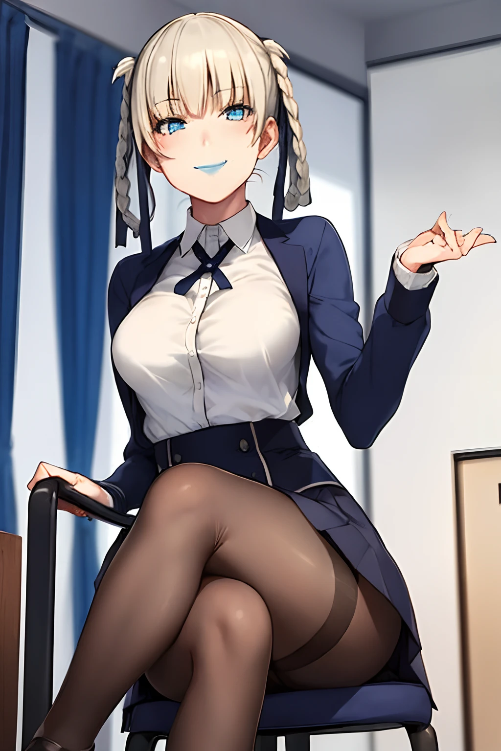 1girl, blue lip,wircked smile,epic realistic, faded, ((neutral colors)), schoolgirl uniform, pantyhose, skirt lifted, crossed legs, sitting