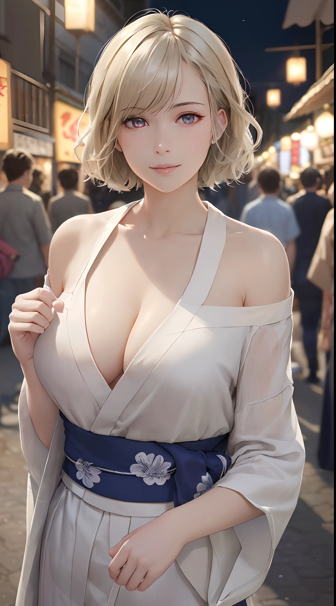 ((((masterpiece, best quality, high resolution)))), Extremely detailed 8K, Beautiful girl with slender body, (Ultra HD, Ultra-detailed, Highly detailed, Highly realistic, Ultra-realistic, photograph realistic), (1girl:1.5), (Realistic white hair), short wavy hair, bob cut, (dynamic poses), facing at camera, light smile, purple eyes, average breasts, cleavage, (beautiful detailed face, beautiful detailed eyes), fluffy off-shoulder yukata, summer festival in background, cityscape scenery, street, night light, night time
