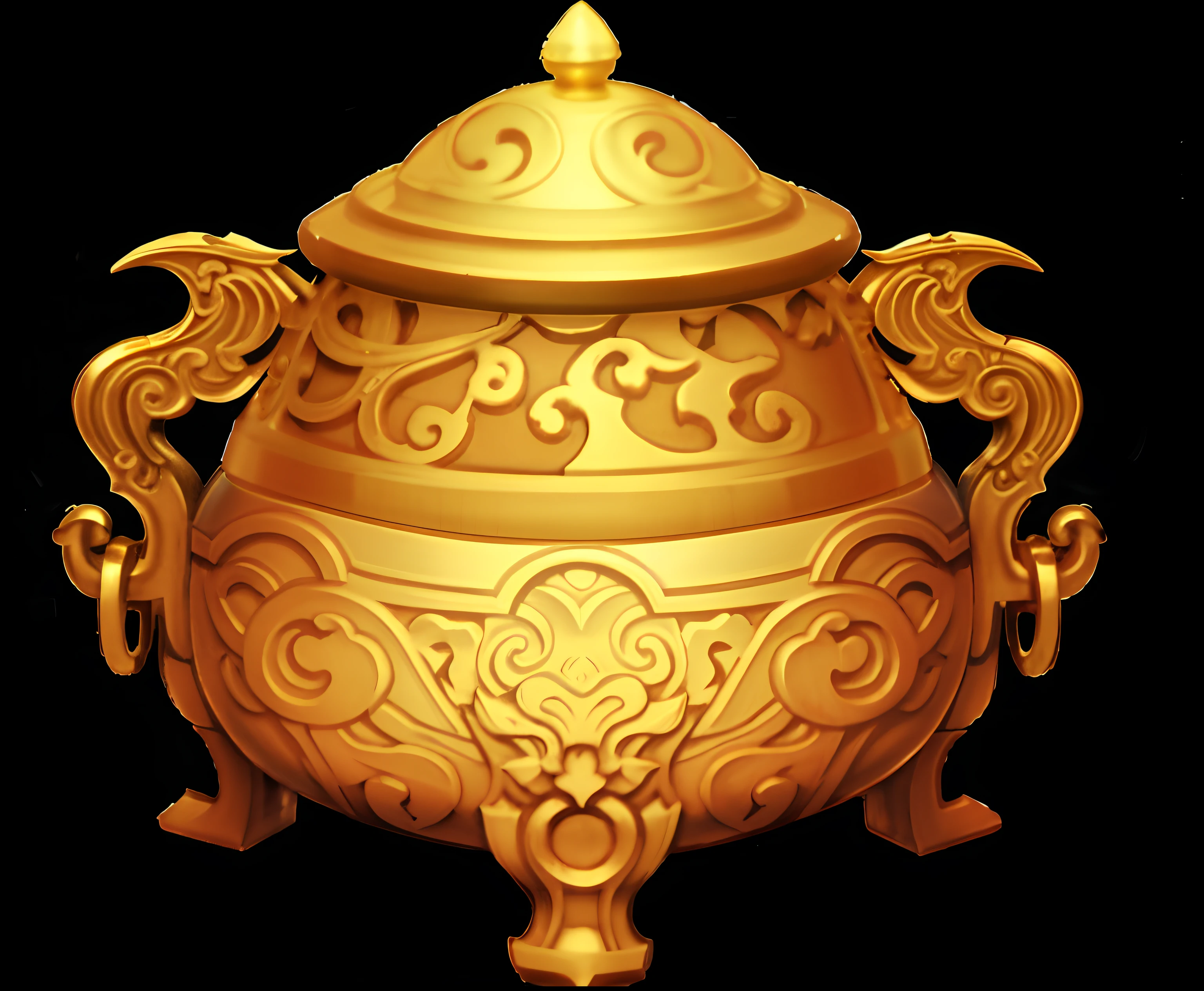 On the holder there is a golden vase with a lid, rpg item, ancient chinese ornate, author：Wen Boren, hyperdetailed scp artifact jar, treasure artifact, pot, Beautiful rendering of the Tang Dynasty, item art, arte renderizada, shui mo hua, Chinese art, Song Dynasty, ancient china art style, author：Yang Borun, inspired by Park Hua, gold