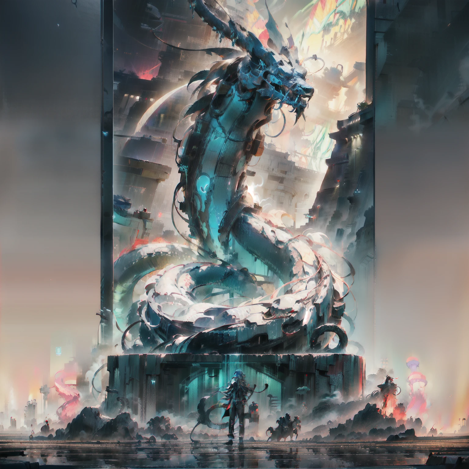 A transparent huge Orochi serpent coming out from a mettlaic black liquid ocean ,visble mechanical spinal cord with blue neon lights and skeleton, metallic skeleton, red ocean background ,cyborg style , lightning, photorealistic ,
,wallpaper style ,serpent covering whole photo