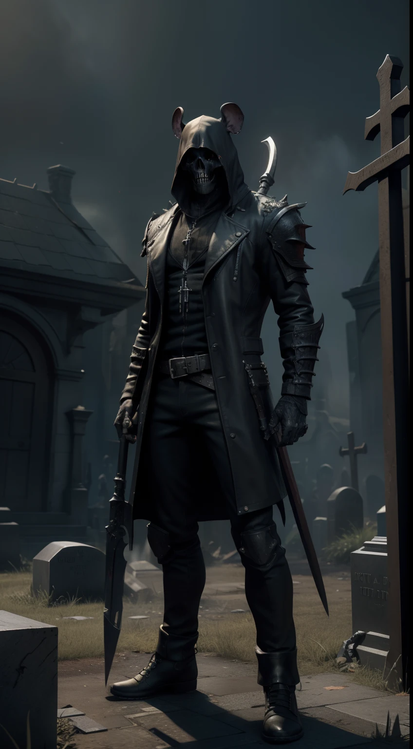 undead, rat, grave-yard-background, masterpiece, 3d render, high quality, high detailed, epic, dynamic effect, specular lighting, hdr, 8k full body picture quality, nanite raytraced, 8k resolution, intricate, dramatic, best quality, ultra high res, nu no humans, illustration, rich colors and exaggerated shapes,