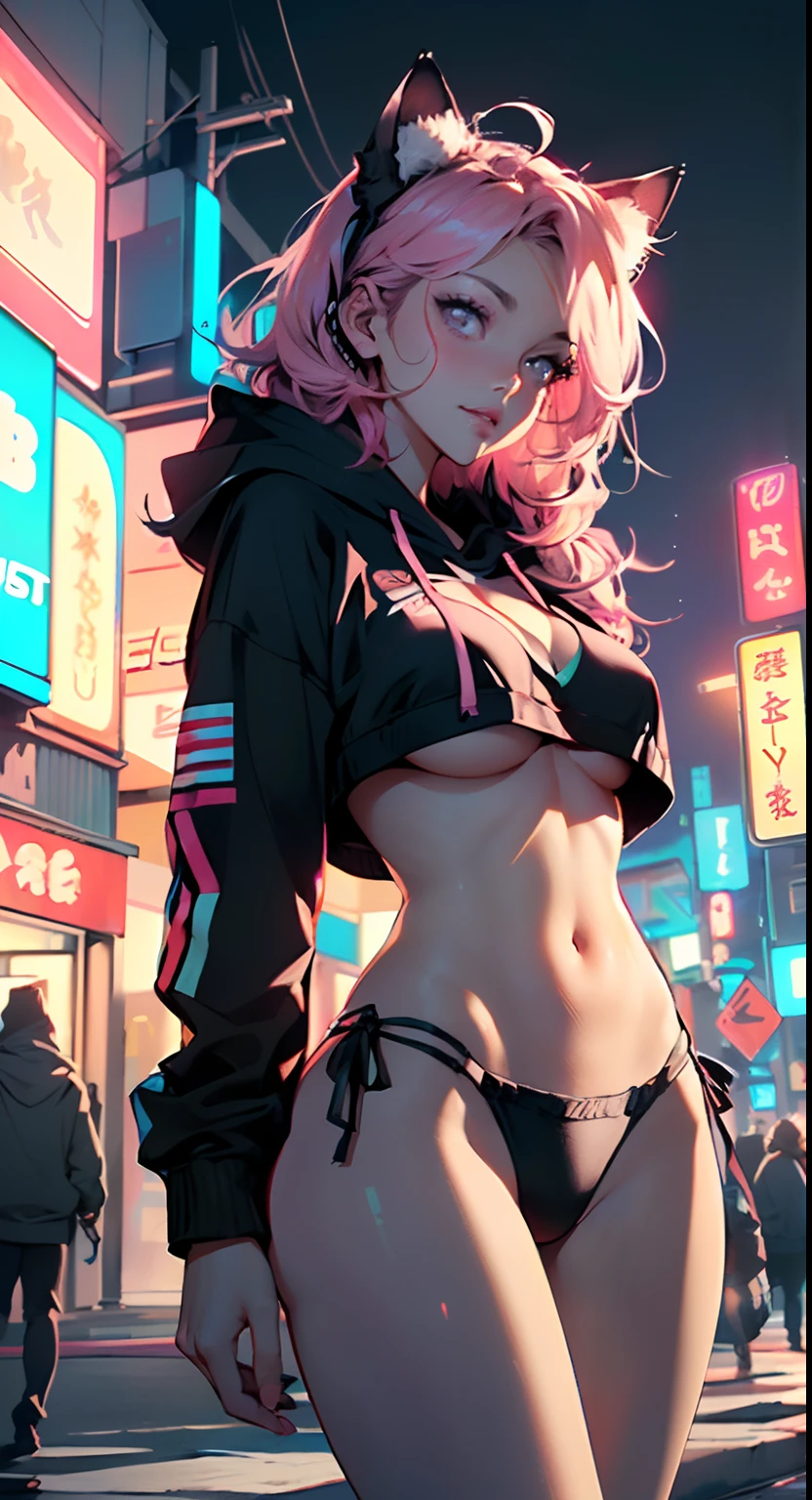girl spacepunk,(((1girl))),((anime girl with extremely cute and beautiful black hair cat ears walking seductively down the street)),
(large breasts:1.4),saggy breasts,((((black hair,messy hair,colored inner hair,large hair,absurdly long unkempt hair:1.35,long hair,ear breathing)))),((((cat ears,cat ears on head,big cat ears)))),((pink eyes:1.3,upturned eyes:1.3,perfect eyes,beautiful detailed eyes,rainbow glows ultra-detailed deep pink purple eyes:1.1,gradient eyes:1,finely detailed beautiful eyes:1,symmetrical eyes:1,big highlight on eyes:1.2)),((fat)),(((lustrous skin:1.5,bright skin: 1.5,skin tanned,shiny skin,very shiny skin,shiny body,plastic glitter skin,exaggerated shiny skin))),(spider lower abdomen,narrow waist,wide hip,athletic body,inflated legs,delicate detailed fingers,detailed body,detailed arms,human hands,(detailed face)),
cute,slutty,seductive,erotic,(((nsfw))),
zettai ryouiki,revealing clothing,show skin,((((underboob)))),(cleavage),(semi-naked,with little clothing,((tiny thong)),bare legs,visible thong straps),((((crop top hoodie,cropped hoodie,hoodie,hoodie intricate)))),((detailed outfit,detailed clothes)),
(dynamic pose:1.0),solo focus,embarrassed,centered,scale to fit dimensions,Rule of thirds,
outdoors,((night view)),(very pretty city neon synthwave,cyberpunk night street Background:1.5,dark sky,thick clouds),future vehicles,((neon lights)),thick clouds,(cyberpunk style,neon lights, (synthwave theme background), lonely street),(((detailed background:1.25))),
(best quality,high resolution,sharp focus,ultra detailed,extremely detailed,extremely high quality artwork,(realistic,photorealistic:1.37),8k_wallpaper,(extremely detailed CG 8k),(very fine 8K CG),((hyper super ultra detailed perfect piece)),flawless,(((masterpiece))),illustration,vibrant colors,(intricate),High contrast,Selective lighting,Double exposure,HDR (High Dynamic Range),Post-processing,Background blur,
