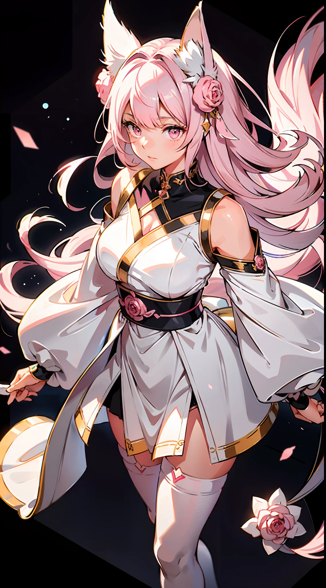 absurd res, hight resolution, (Masterpiece:1.4), Ultra-detailed, 1girl, From directly above, Space, Floating, White+Crozzy kimono dress, pink dress, black stockings, light pink hair, pink eyes, long fluffy cat ears, fluffy cat ears up, long cat fluffy ears, Pink eyes, rose hair, Lysian race, pink fluffy tail