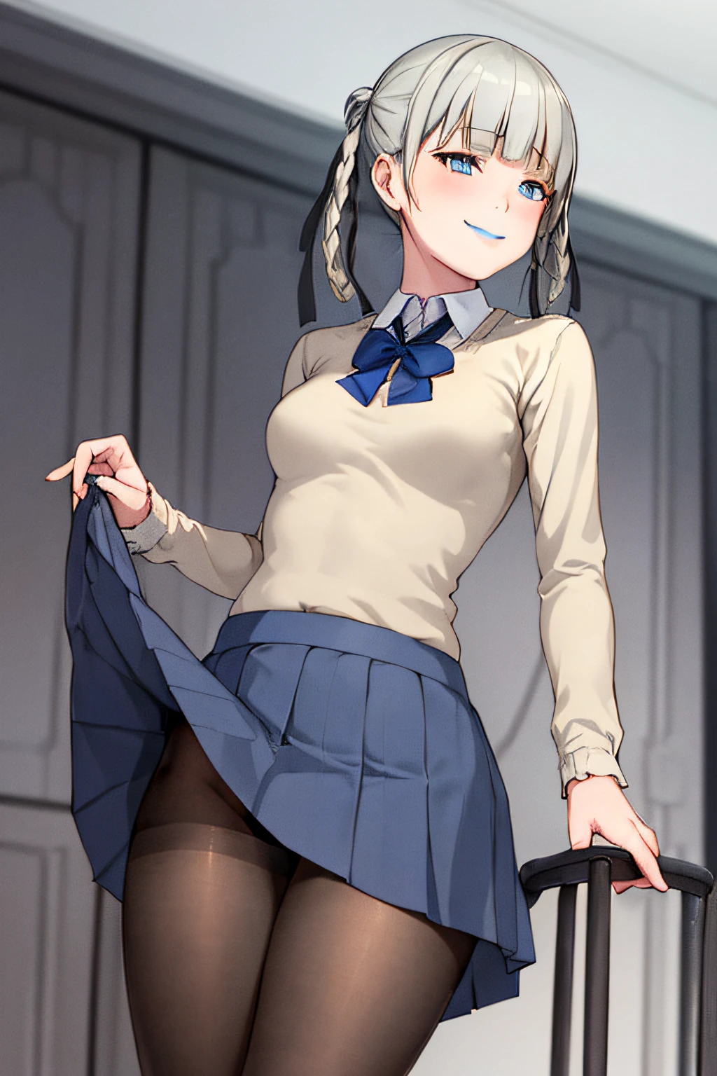 1girl, blue lip,wircked smile,epic realistic, faded, ((neutral colors)), schoolgirl uniform, pantyhose, skirt lifted, in full growth