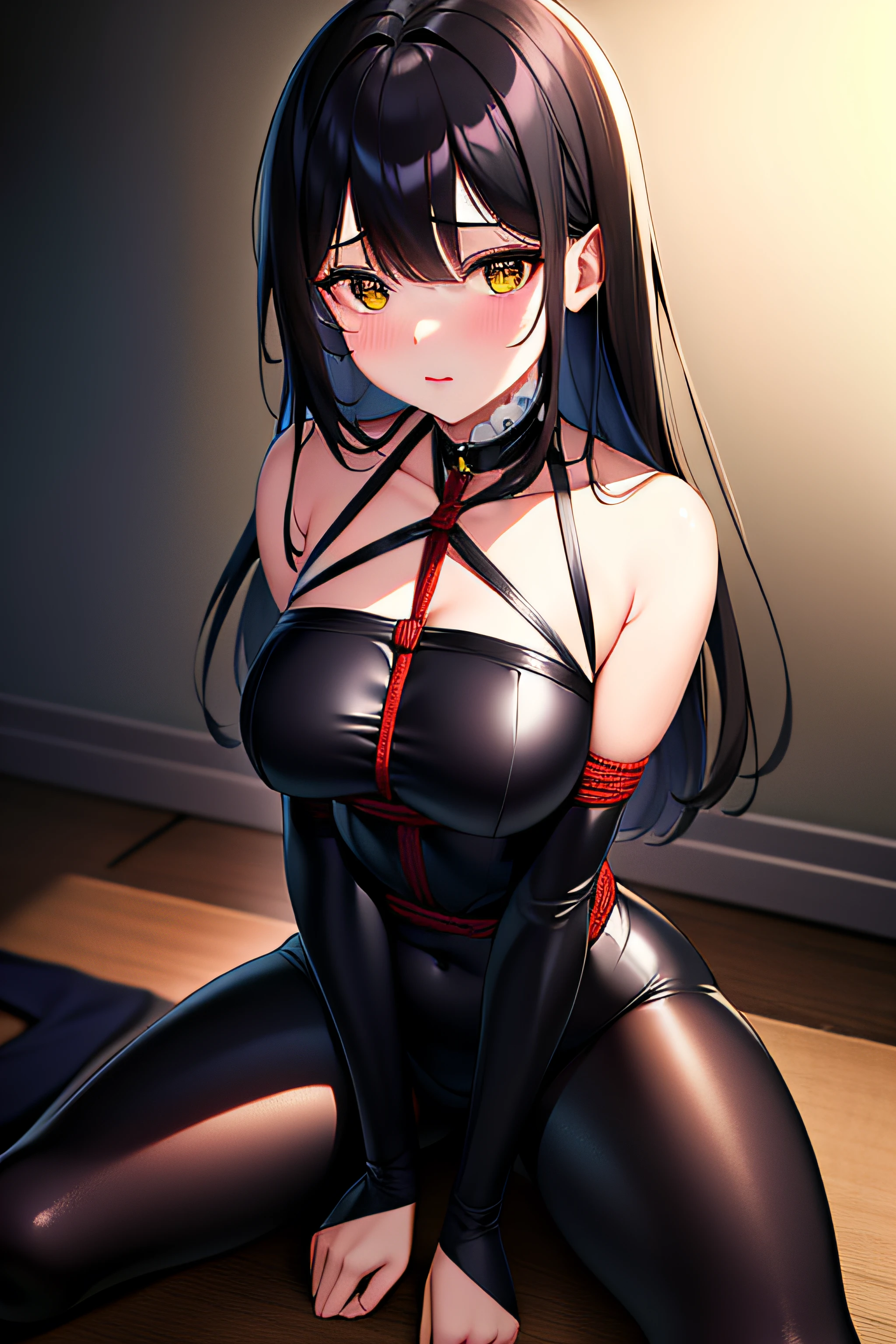 Best quality at best,tmasterpiece,(very fine and beautiful:1.2), vague background,looking at viewert, 1girll, 独奏, Fahi girl, Redlip, Blushlush, BDSM, tightsuit, komono, shibari, collars, breasts out, bound arms, Arm on the thigh, Seiza sits, leaning-forward, yellow eyes, Black straight hair, Glowing eyes yellow, Kneeling