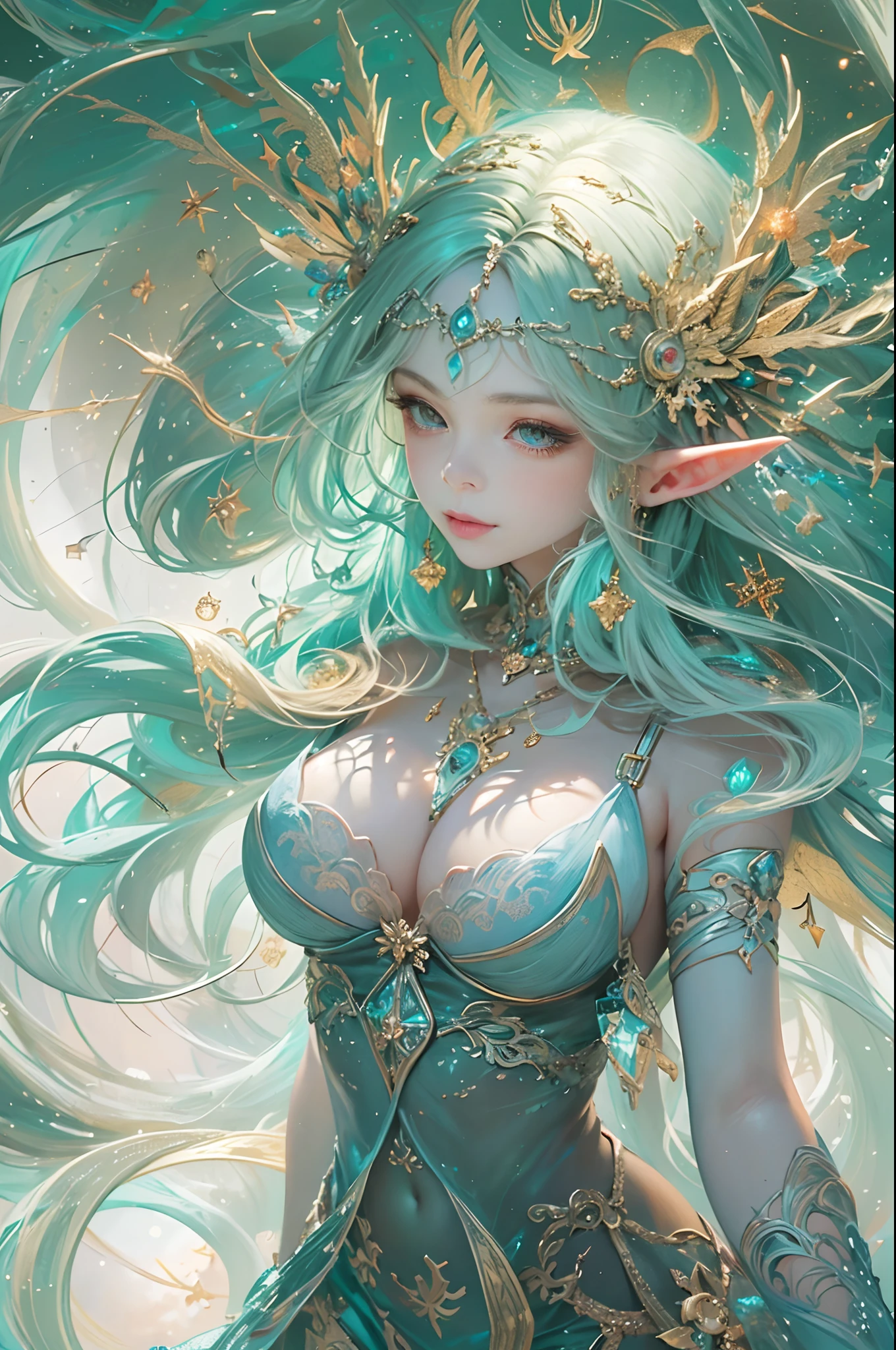 (masterpiece, top quality, best quality, official art, beautiful and aesthetic:1.2), (1 Elf girl), extremely detailed, long shapeless hair, (fractal art:1.3),colorful,highest detail, cinematic lighting.