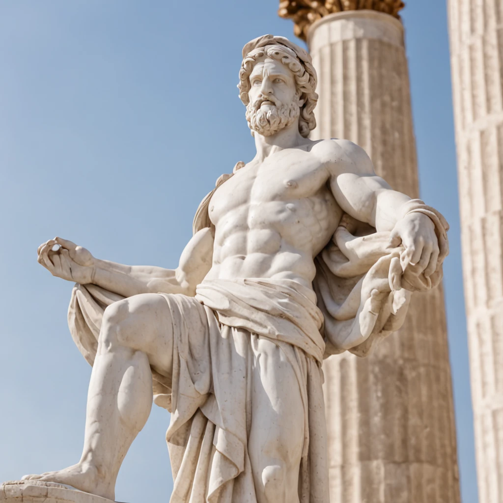 Capture an inspiring photograph of an empowered Greek marble statue resembling a muscular deity, such as Hercules and Zeus. The statue should exude strength and wisdom. Set against a backdrop of Greek architectural marvels like majestic columns, the photo should be taken from knee-level, looking upwards. Utilize your creative flair to craft a visually stunning image that harmonizes the timeless power of ancient sculptures with a sense of empowerment and wisdom.