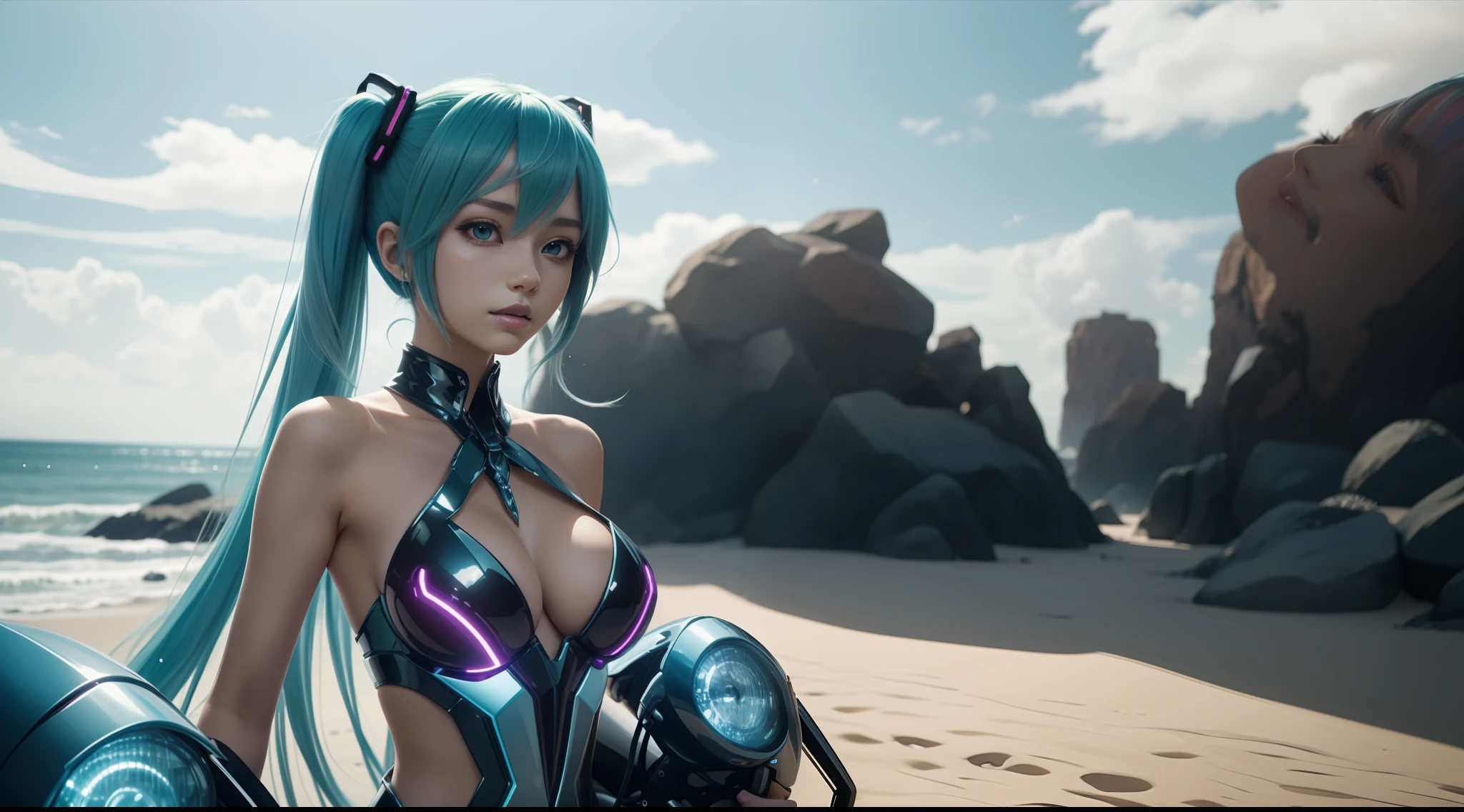 Big breasts Hatsune Miku, beachside, The hair is red and purple, Hair Bow, Colorful eyes are carefully depicted，Futuristic Wind Motorcycle，Streamer effects，Anime style, Sparkle, letterboxed, Wide shot, in a panoramic view, hyper HD, 3Drenderingof，Super detail, Award-Awarded, 1080p