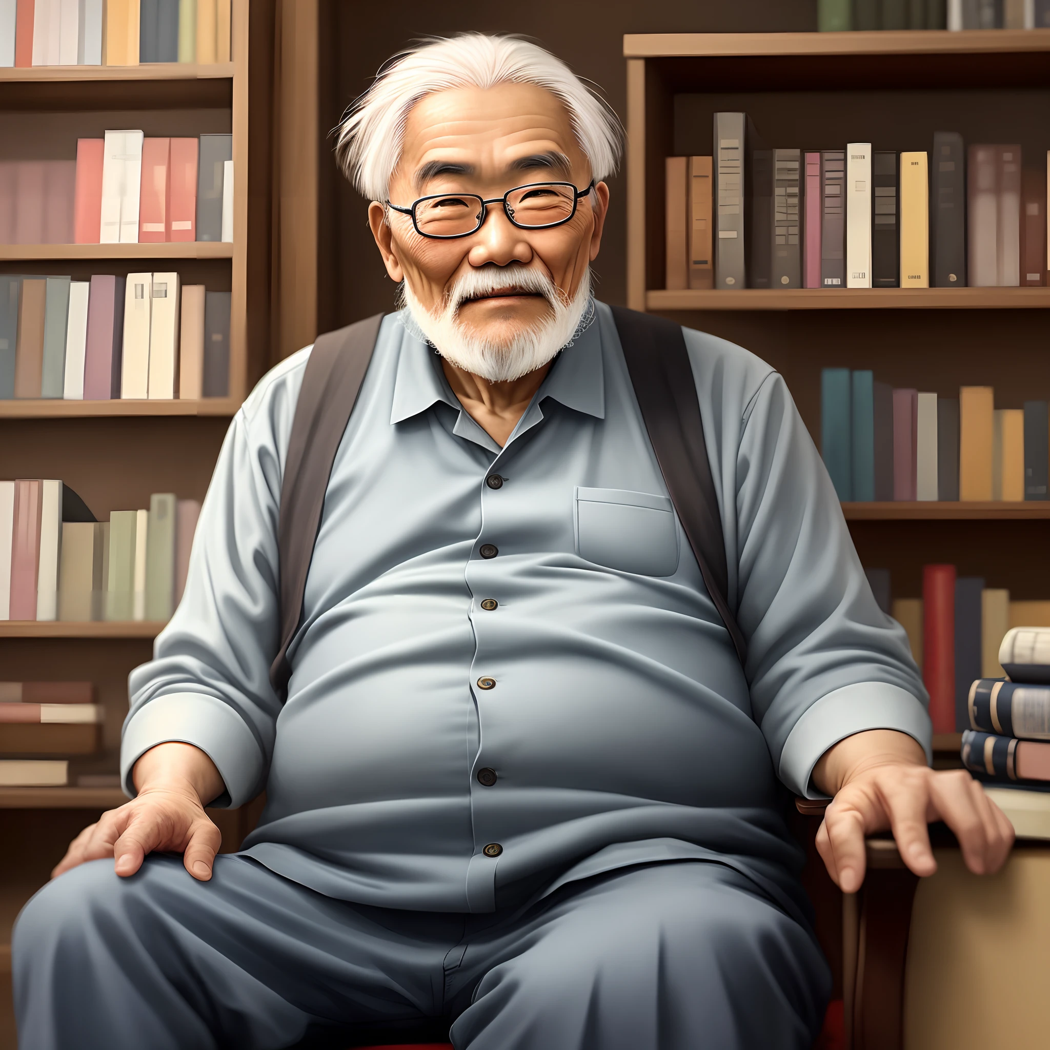 The one with a beard、Asian man sitting in front of bookshelf Calm old man, An old man with white hair, old man portrait, Wise old man, old man, portrait photo of an old man, a old man,