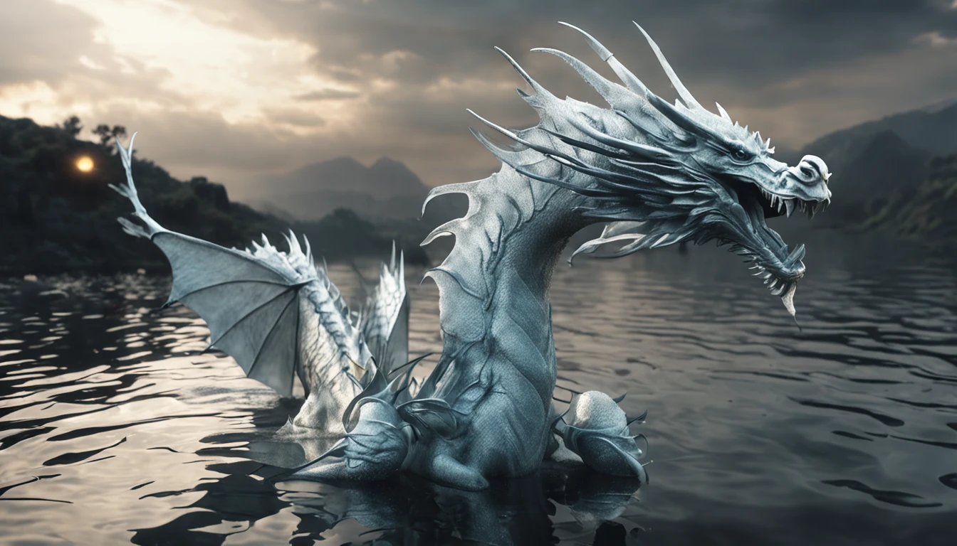 (close up, aerial view)1white dragon, lake and water, Best quality, Masterpiece, 超高分辨率, (photograph realistic:1.4), surrealism, Dream-like,fusionart, Shadowdancer, shadow magic, darkness control, stealth, shadowstep, umbral spells, hidden blade, (((cinematic lights))), extremely detailed, super-resolution, ((((twisted)))),