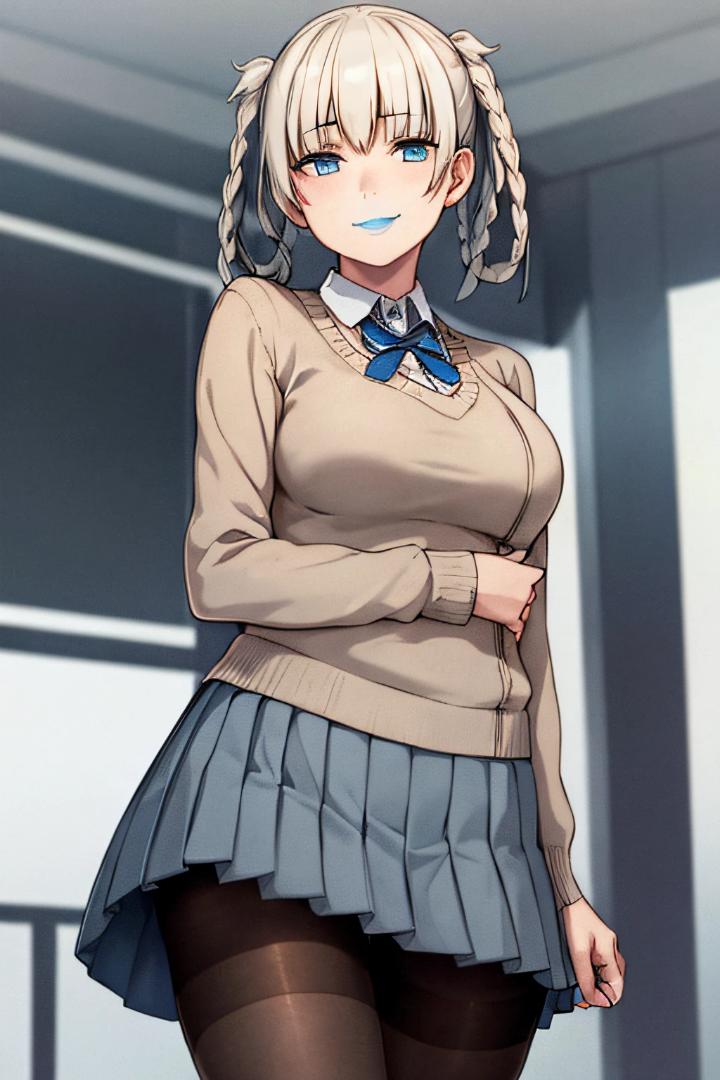 1girl, blue lip,wircked smile,epic realistic, faded, ((neutral colors)), schoolgirl uniform, pantyhose, skirt lifted