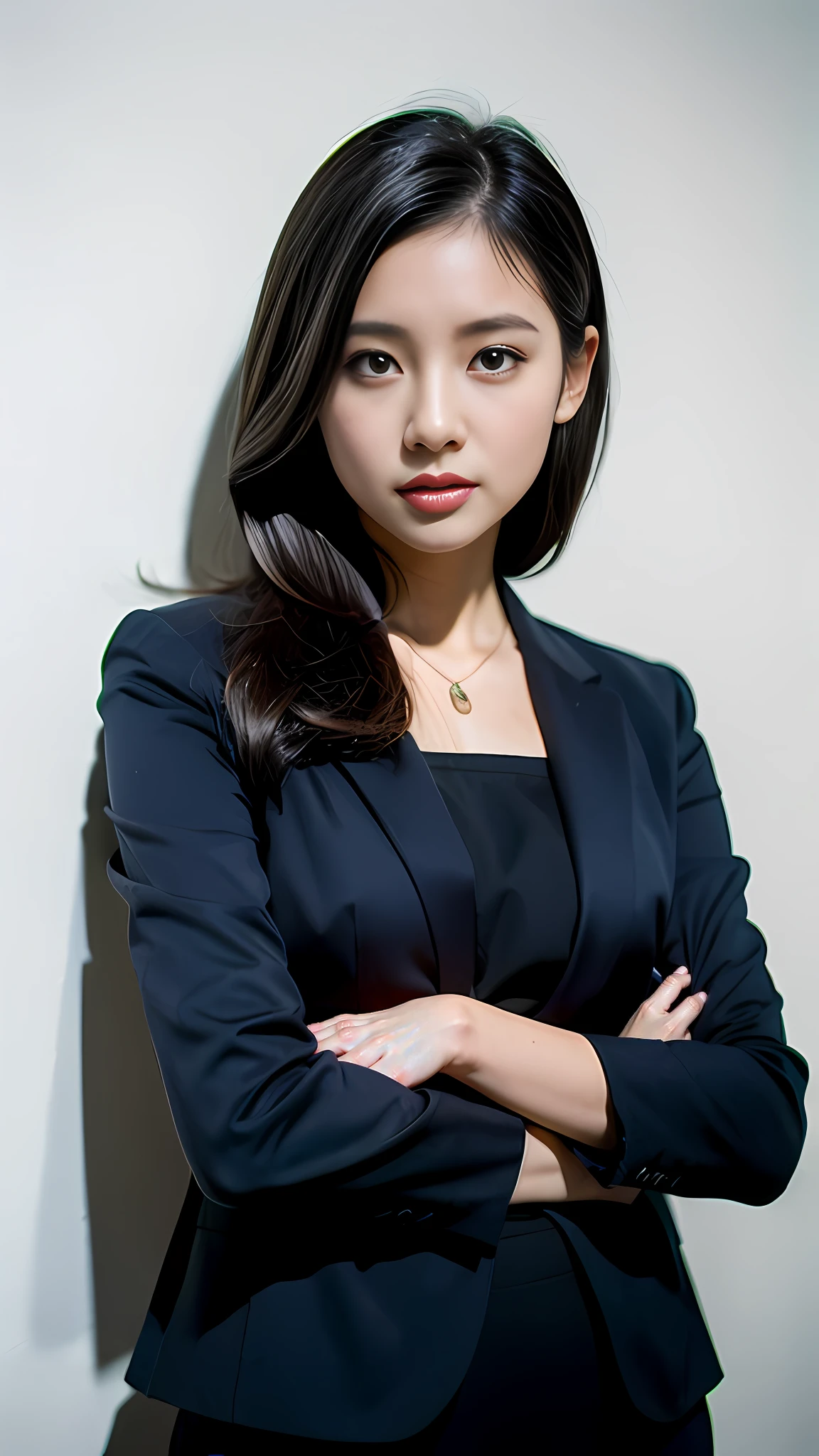 Professional image of a 25-year-old professional woman, Wear a navy blue business casual suit and hip-wrapping skirt, Professional profile photo, posing with crossed arms, professional picture, professional profile picture, photograph of a woman, Business woman, lecturer, Black hair, Slim body, 8K high-definition