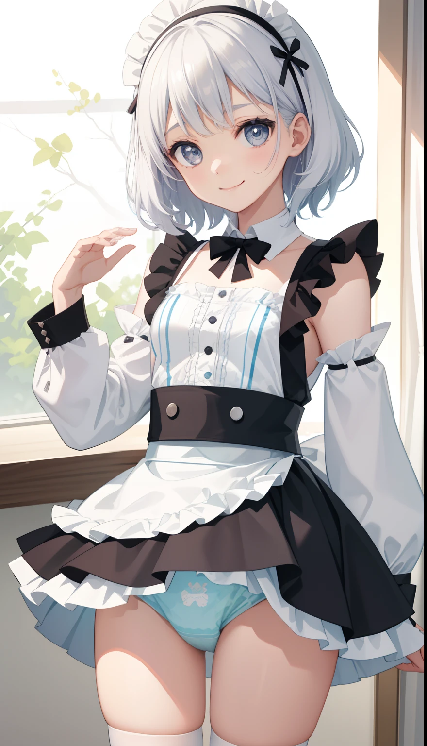1girl in、A smile、A delightful! The shirt、skirt by the、(small tits)aprons、doress、hair adornments、(maid)、Run!spring breeze、diaper,big diaper,Prominent diaper,white hair。children's wear,,Childish