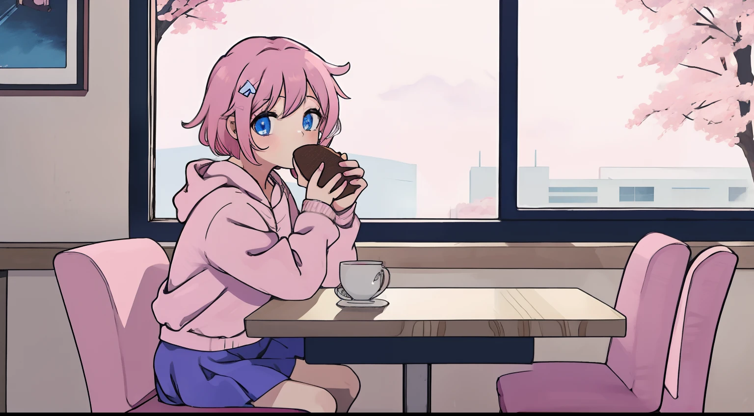 anime girl with short pink hair pink hoodie chocker hairclip, in dining room eating, sitting blue eyes blue skirt