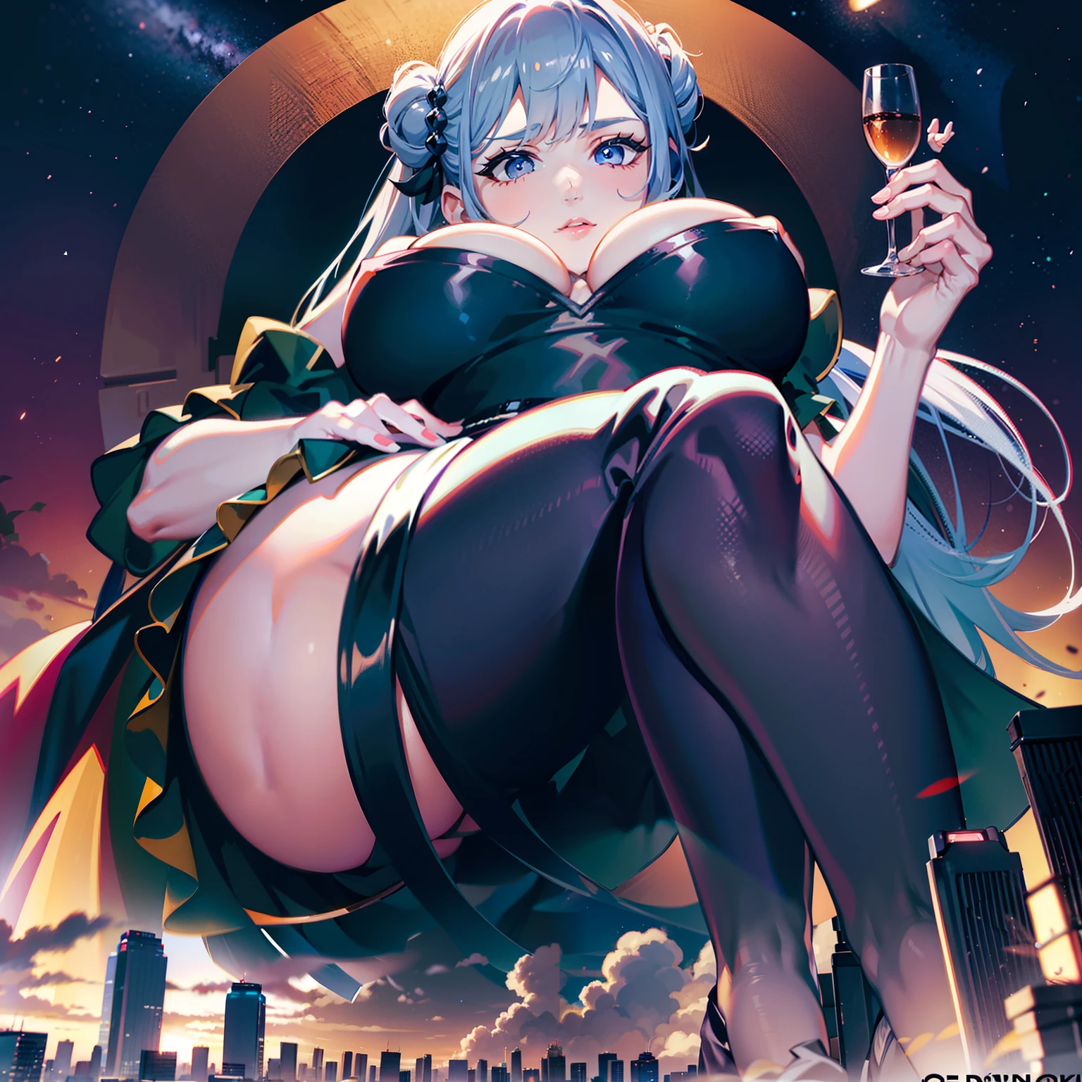 1.Style image of woman sitting on bed in sexy outfit,  lit from behind, Sexy bare ass girl pose, Shy to see you is bending over, Thick and smooth slender legs，The dark coffee pantyhose have a flesh-black silk texture.2.Dressed in a fancy outfit, the clothes are white，The skirt is lined with royal blue。3.Light gray double ponytail spiral curl and eyes，Very mature，oversized boobs，big assa，The neck has a high neck black silk，Clothes are shoulder-baring。4.She is the great guardian of the future。