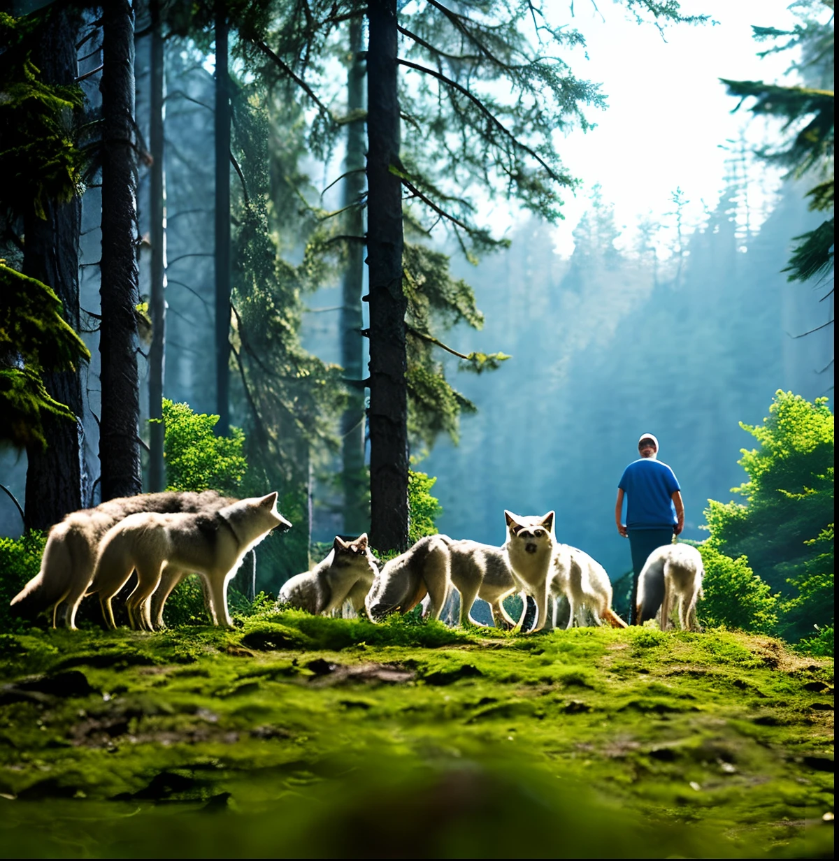 People in the forest surrounded by wolves
