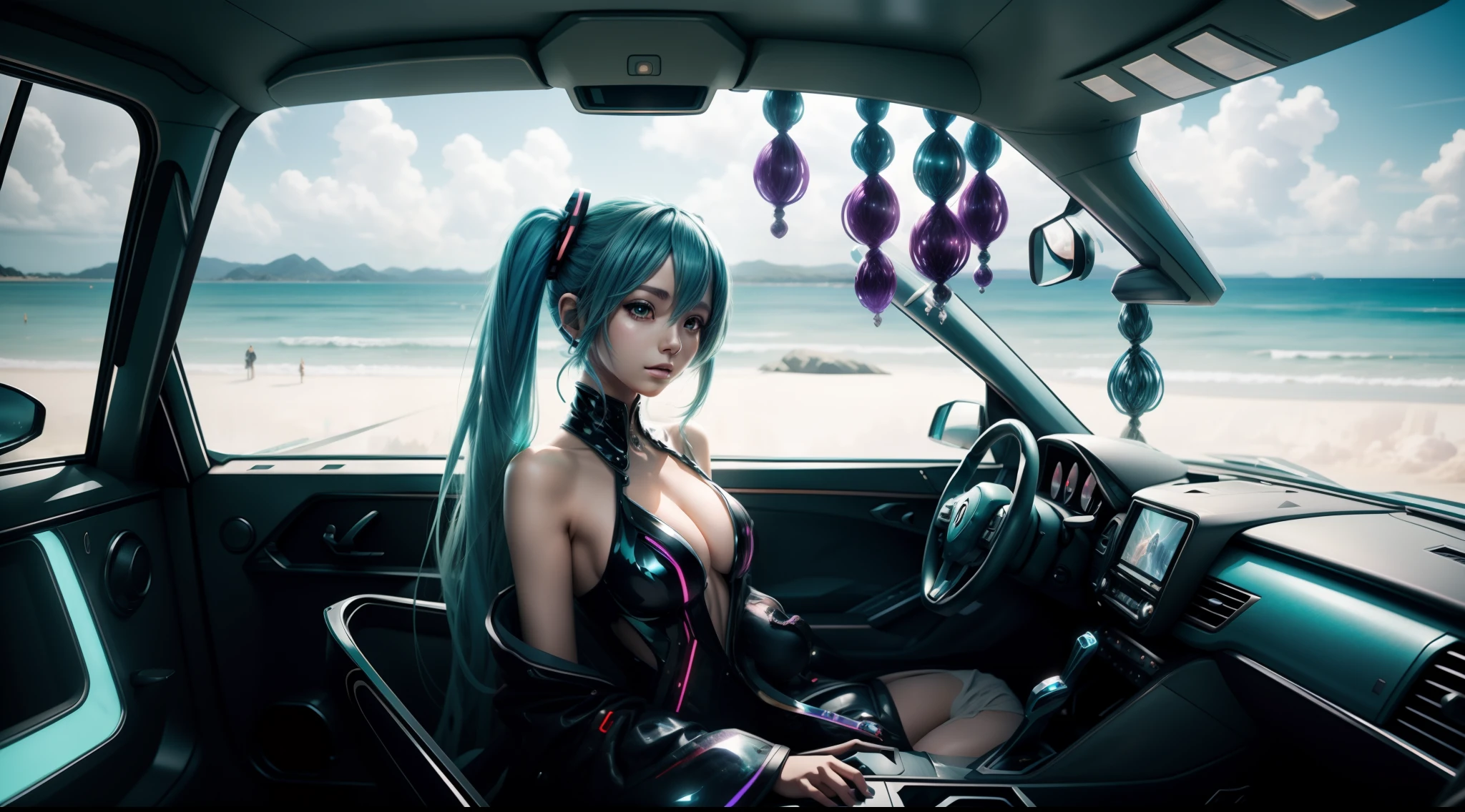 Big breasts Hatsune Miku, beachside, The hair is red and purple, Hair Bow, Colorful eyes are carefully depicted，Futuristic wind motorcycle，Streamer effects，Anime style, Sparkle, letterboxed, Wide shot, in a panoramic view, hyper HD, 3Drenderingof，Super detail, Award-Awarded, 1080p