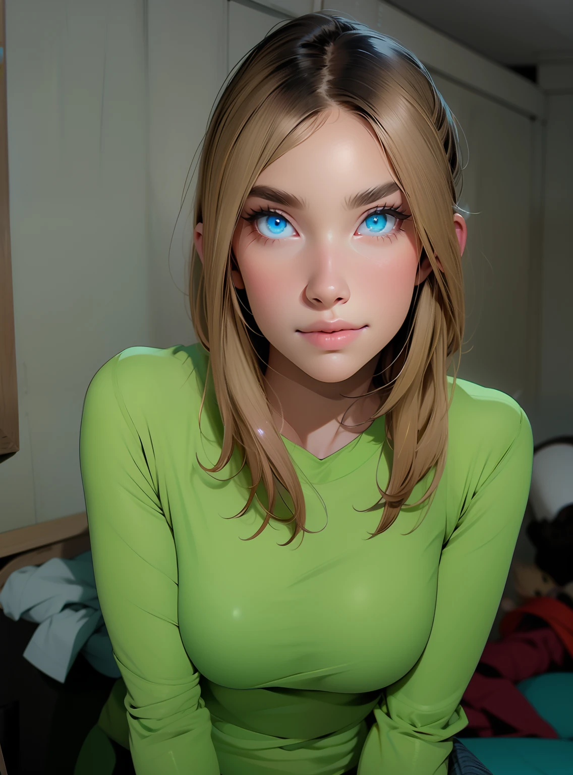 Gwen stacy no quarto em frente ao espelho tirando uma selfie, (((vestindo uma camisa com saia))), (((seios pequenos))), NSFW, hentai, sexy, Corpo Perfeito, rosto perfeito, olhos perfeitos, ((((no deformations)))), (((No body deformations))), solid circle eyes, symmetric eyes, Looking at the Viewer, sorridente, seios perfeitos, (((foco nas mamas))), sexy, ((((Seios pequenos)))