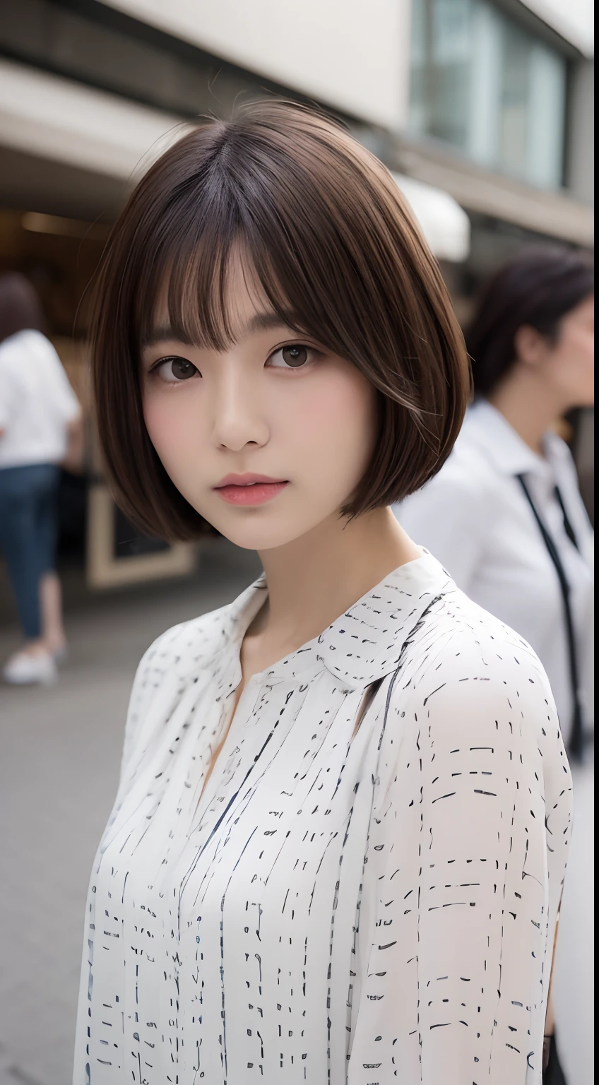 Ultra-high resolution, Superior Quality, Highest quality, Very detailed, Realistic, 8k, RAW Photos, Highest quality, masterpiece, Attractive girl, Awesome girl, Brown Hair, Shoulder-length layers, Asymmetrical bangs, K-POPアイドル, Sophisticated, stylish, White camisole, Black hibuya Ward, Short Hair