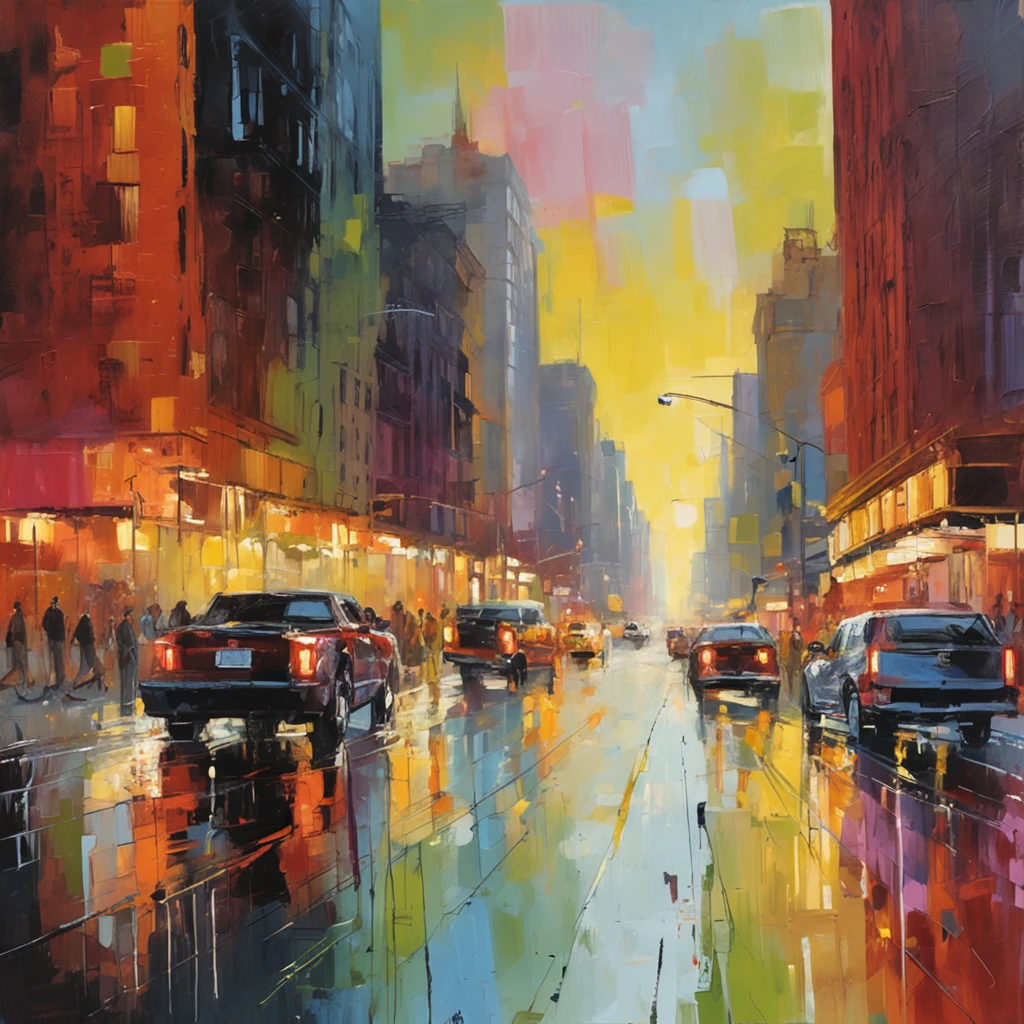 Intricate painting details of busy New York street in the evening, lights reflections on the wet road, by range murata, Clouds, vivd colour, High contrast, vector line art, highlights, trending in pixiv, anime concept art, Stick, Mattire, high high quality, Edge to edge, Sanskrit