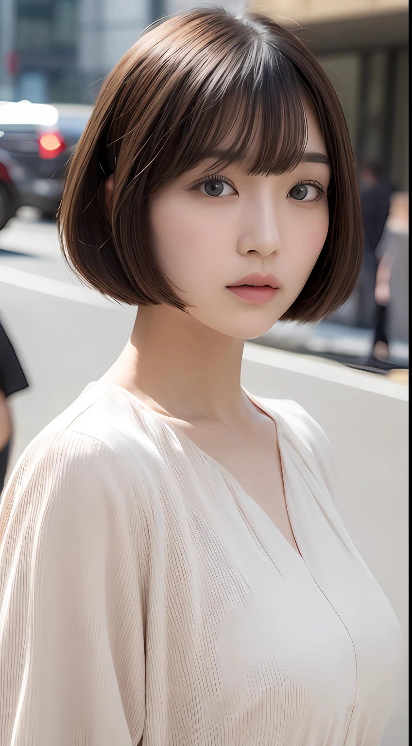 (masterpiece, highest quality, RAW photo, realistic:1.2), 1 girl, look away, sad, beautiful girl, cute, delicate girl, short hair, written boundary depth, High resolution, Super detailed, detailed, 非常にdetailedな目と顔, realistic student, sharp focus, cinematic lighting, Upper body, bangs, Silk Dress Shirt,