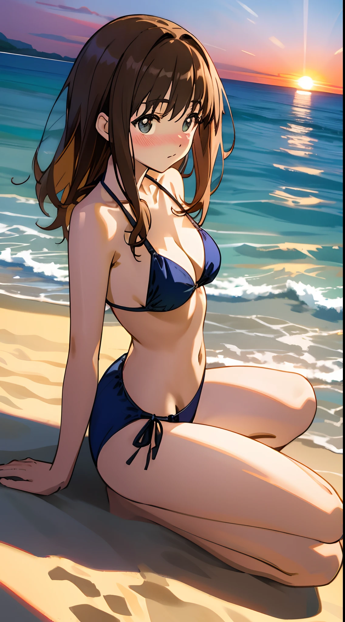 Inoue Takina, Bare body，revealing breasts，exposed waist，Bare buttocks，Extremely detailed Cg Unity 8K wallpaper,Highly detailed,(Masterpiece)), Dynamic Angle, (Best quality), Best shadow,, ((illustration)),Wide background, Extremely delicate and beautiful，Dynamic Angle，Beautiful detailed eyes，Detailed light，Vast sea，Vast sandy beach，Perfect female body，Beautiful legs，A shy face，sitting in beach，Voluptious body，faint blush，illustration，Beautiful and exquisite sky，Beautiful sunset，Lifelike pose，Drenched Body，Bare lower breasts，Large breasts，eventide，Sexy small beach bikini，Hands touch chest