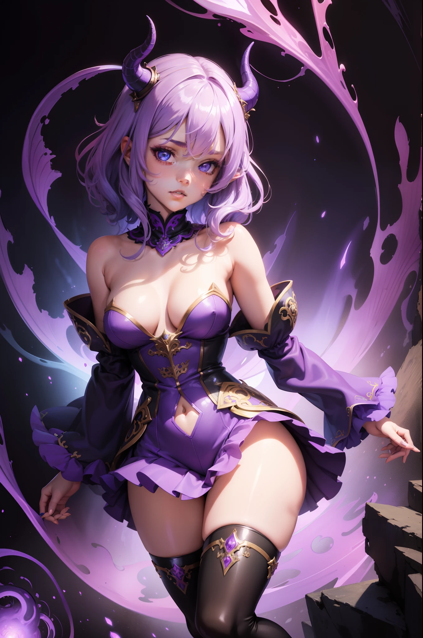 Cute girl with short, wavy light purple hair, stunning purple and blue eyes, and adorable dragon horns, wearing a charming fantasy outfit, High resolution, High Quality