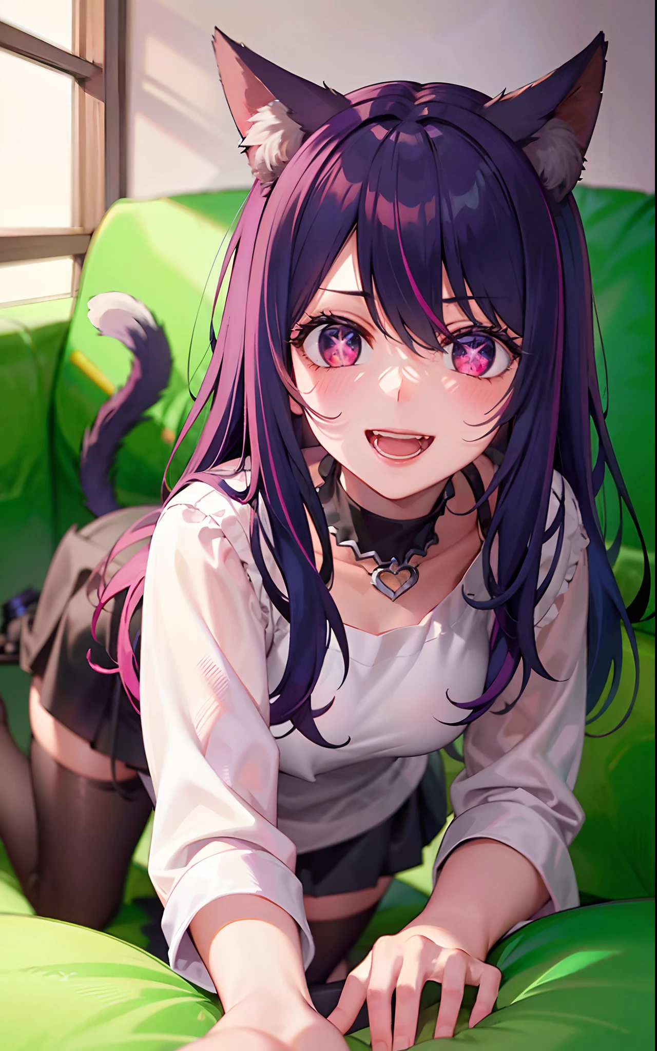 2 girls,((There is a five-pointed star in the eye))Gorgeous Hair in Long Purple,Smile,Open mouth,Inches,Unfasten the buttons,nedium breasts,Blushlush,Cat ears,Classroom,classroom desk,all fours,white stockings,((Be red in the face))