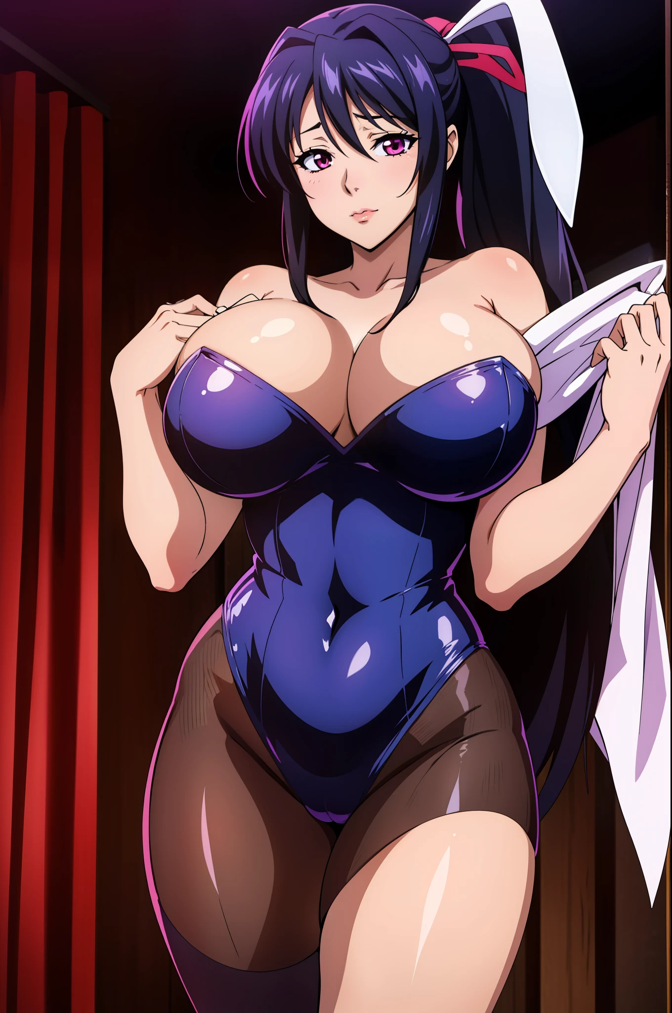 Akeno Himejima, seductive succubus, alluring attire, ample bosom, tight-fitting outfit, close-up shot, fluffy breasts, (huge breasts), slim waist, wide hips, covered , playboy bunny, tight leotard, open shoulders, pantyhose