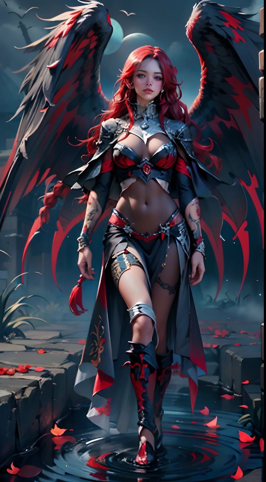 Female angel walking,（A high resolution，hyper detailed, leather，Off-white, angel，Background of details，Northern Valley，Irithyll，Cold moon，Rule of thirds，boundage，Diablo 4 style，intricate-detail，Diablo color theme，（offcial art，Beauty and aesthetics：1.2），（Dark art，erode,  fractal art：1.3），rich colourful，horryfing，highest details, (((blue)) eye, (((purple))) eye, ((((heterochromia))))), ((((((red)))))) hair, long hair, braids, solo, 1girl, slim, medium breasts, black Wings, black feathered wings