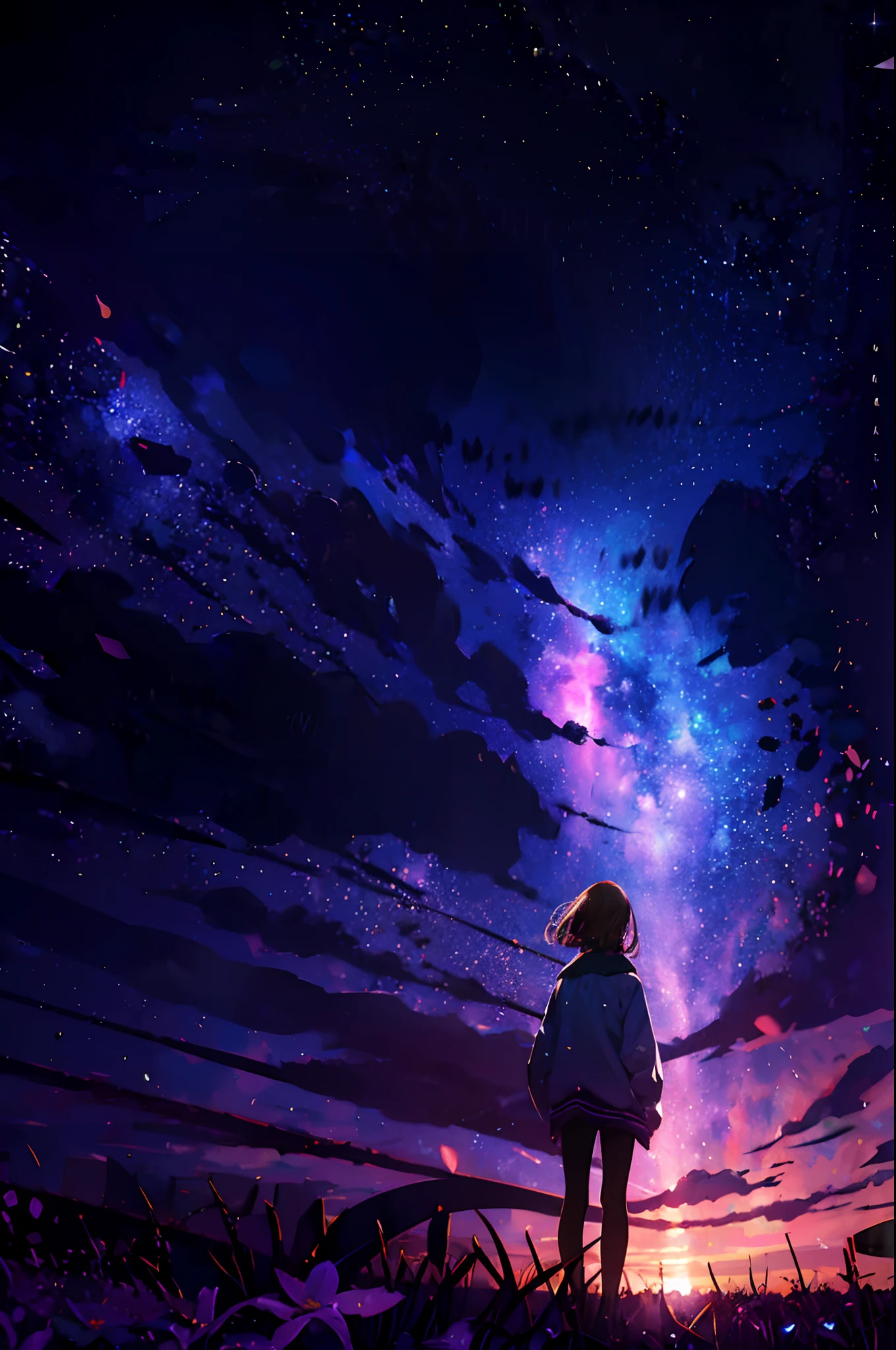 Pink purple dark sky with stars , garden , standing a girl looking at sky
