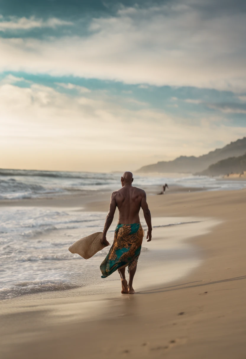 imagem de um homem 50 anos de idade, caminhando pela praia , encontra um vestido caido na areia