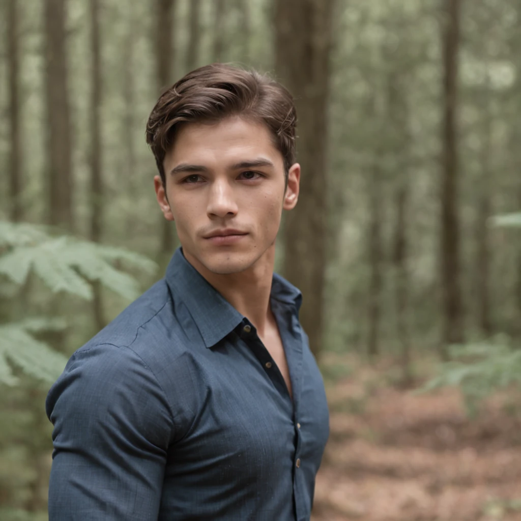 um jovem do sexo masculino de corpo inteiro, somente de cueca, com penis de fora, aparentando ter 18 anos, com pele clara e olhos azuis cativantes. Exhibits a defined musculature that denotes vigor and health. Seus cabelos curtos, na cor castanho claro, Mold your face with a natural and stripped down appearance. The expression on his face is mischievous and full of charm, revealing a touch of audacity.
He is positioned in a futebel environment, surrounded by majestic boys and a soft light that filters through the leaves. Their confident and attractive presence stands out in the natural environment. Her dress is casual, combining with the relaxed atmosphere of the forest. The surrounding landscape underlines both their youth and their connection to nature, criando uma imagem marcante e envolvente