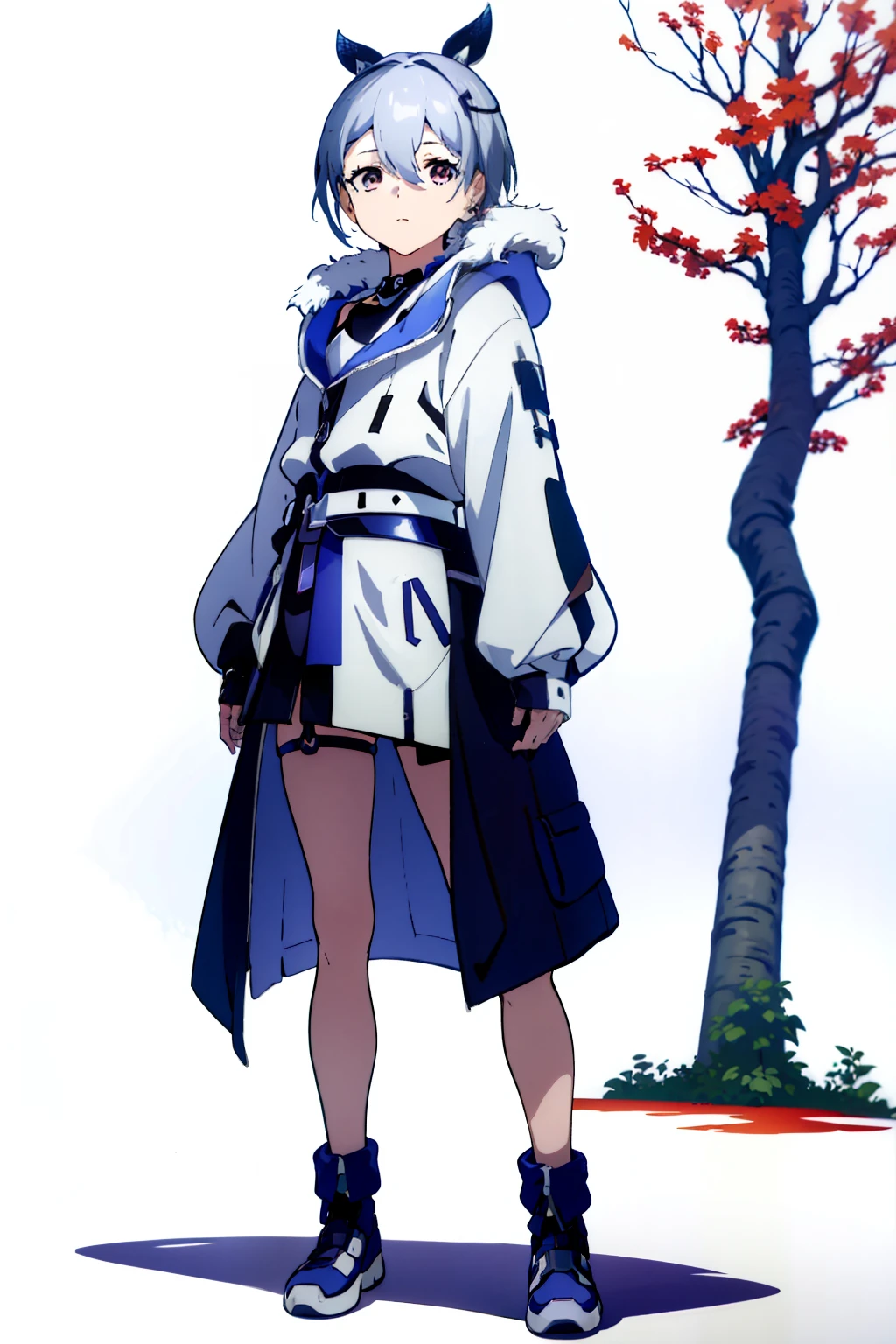 short white-hair、red eyes、ember、top-quality、Looking at the camera、full body Esbian、Simple background、(White background)、(arms at the sides)、frontage、(erect through)、Vtuber、parka、Wearing a hood、Concept art