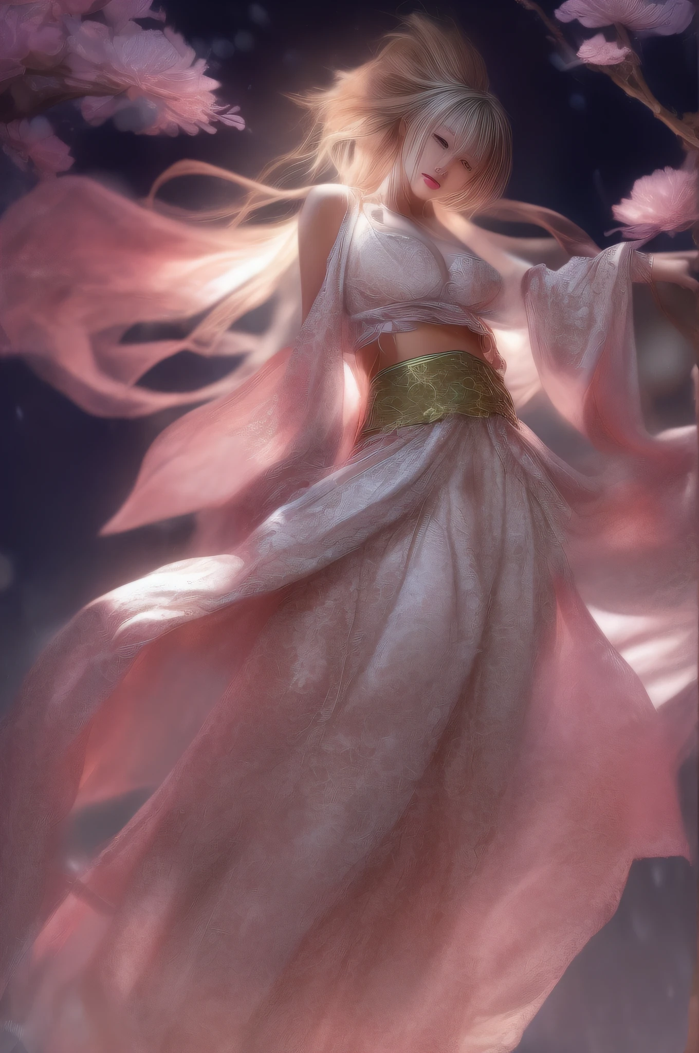 ((from below)), ((full body)), ((realistic)), ((cross legged)), Beautiful young girl, Sexy goddess, slender leg, cold light, the night, starrysky, (hanfu, Floral, One shoulder), (in pink, gold colors), Detailed scenes, Beautiful digital illustration, the detail,Hyper-detailed, (best qualtiy,tmasterpiece), ((gigantic breasts)), ((Breasts veins:1.5)),((Slim abdomen: 1.4)),flowing magical robe,